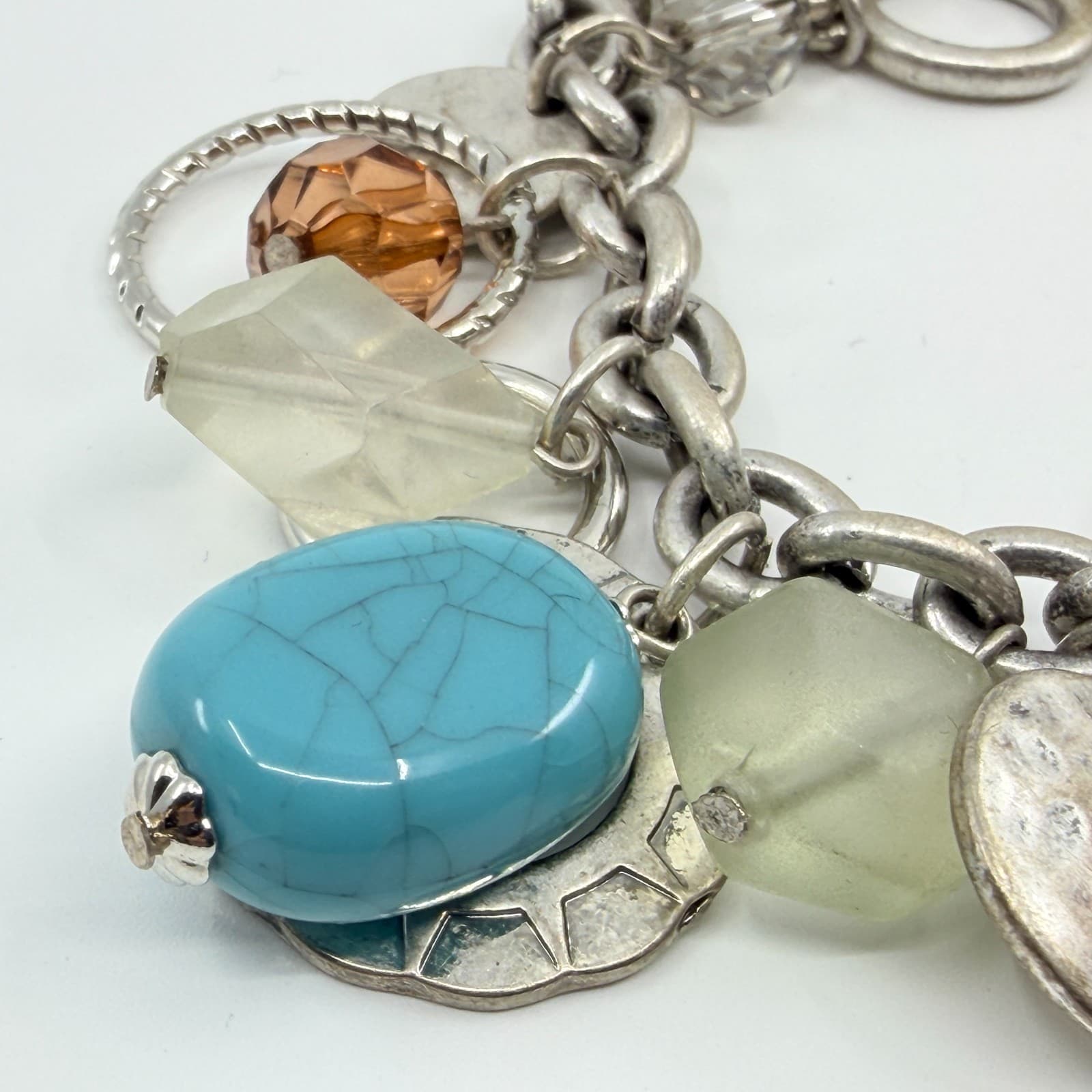 Vintage Boho Silver Faux Turquoise Chunky Charm Bracelet Multi Bead Toggle Y2K - Thumbnail 4