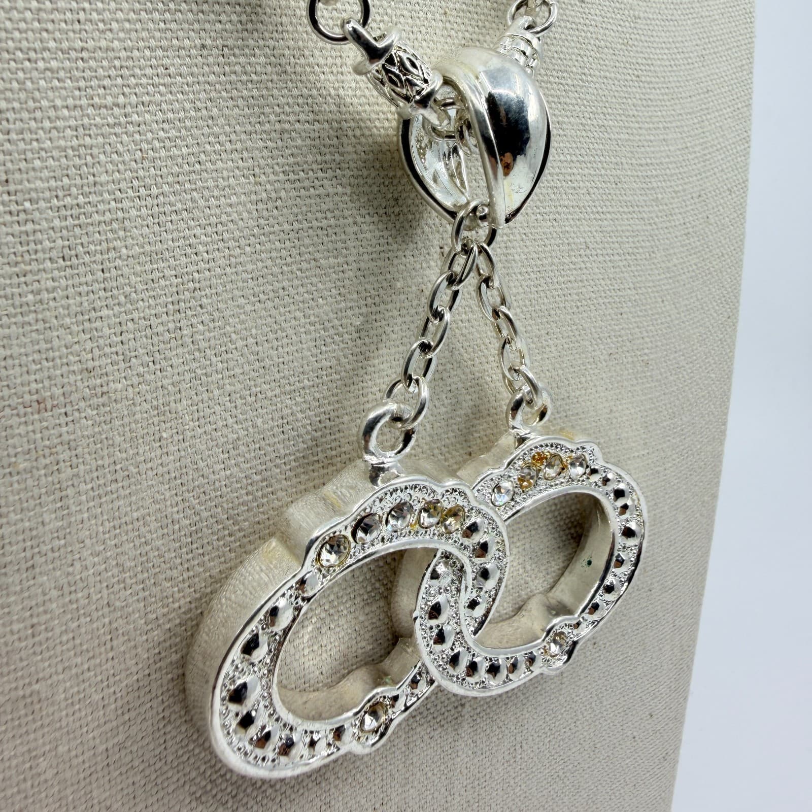 Silver Tone Interlocking Double Oval Pendant Necklace Rhinestone Minimalist Boho - Thumbnail 5