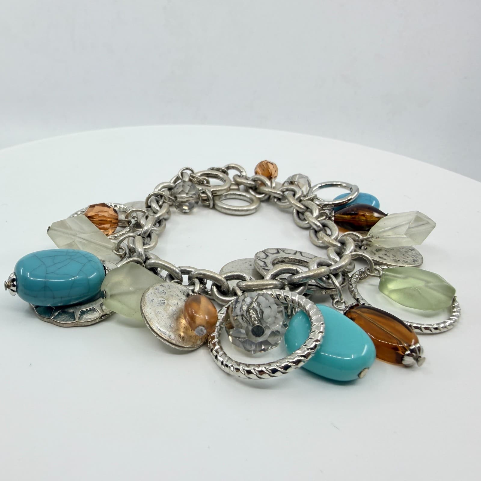 Vintage Boho Silver Faux Turquoise Chunky Charm Bracelet Multi Bead Toggle Y2K - Thumbnail 2