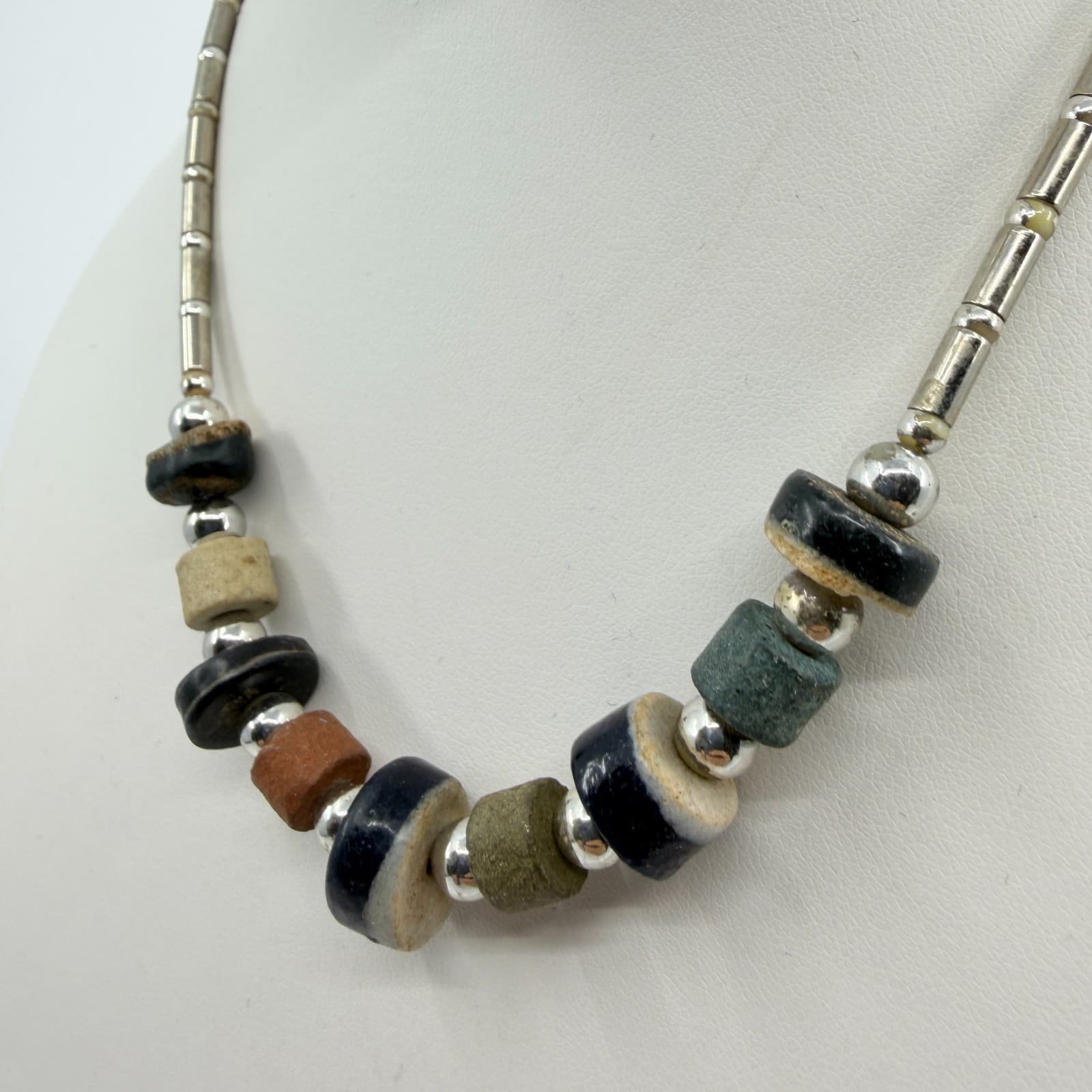 Vintage Southwestern Multi Stone Liquid Silver Tone Necklace Chunky Bead Boho - Thumbnail 5