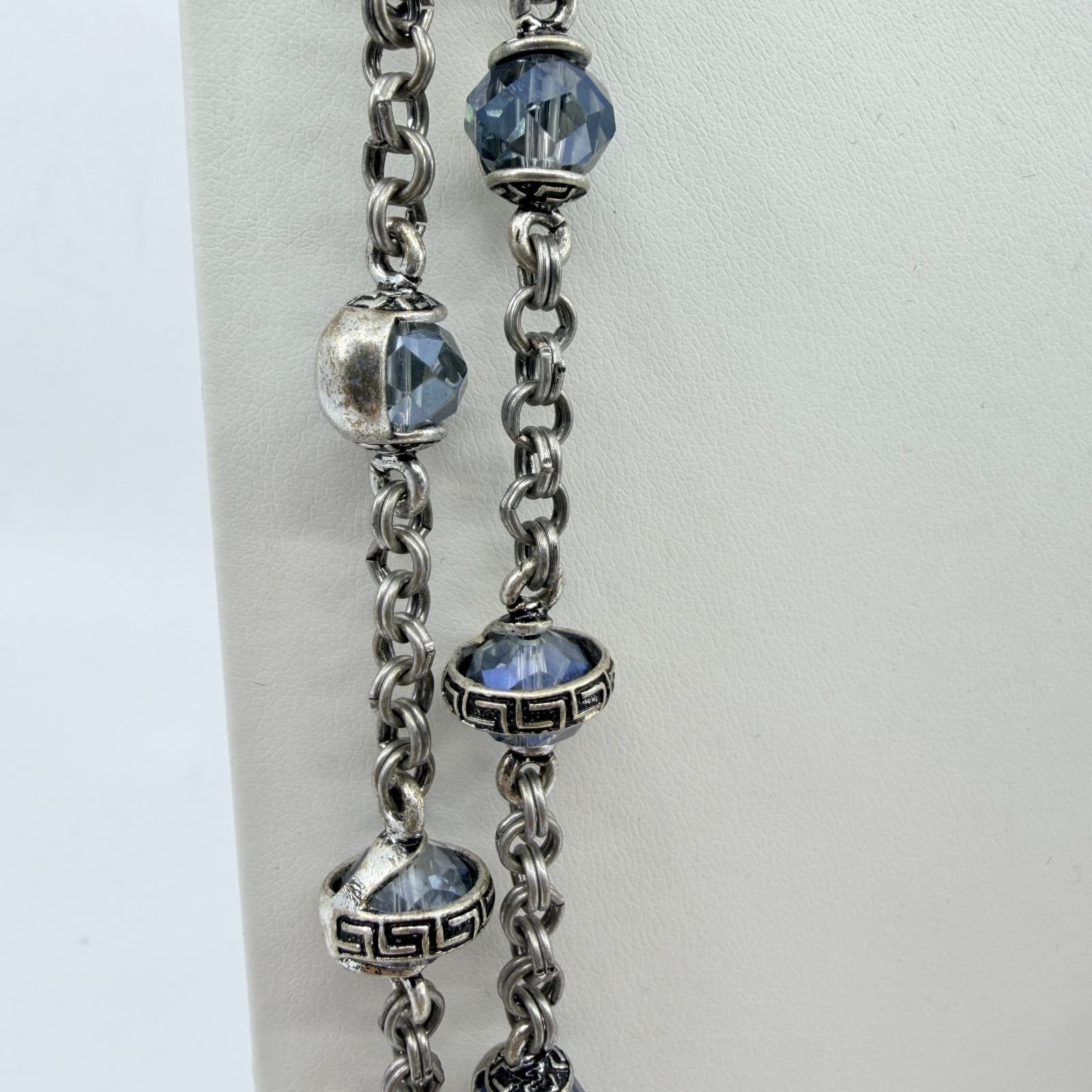 Vintage Chico's Long Silver Tone Chain Necklace Blue Crystal Greek Key Accent - Thumbnail 5