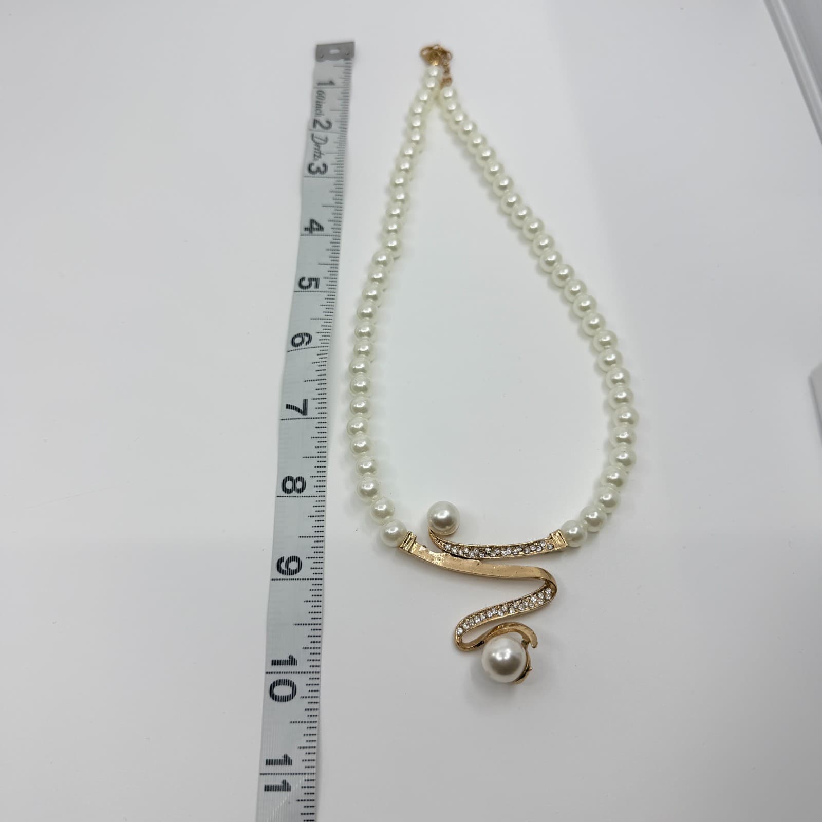 Gold Tone Simulated Pearl Necklace Ribbon S Pendant Rhinestone Bridal Statement - Thumbnail 10