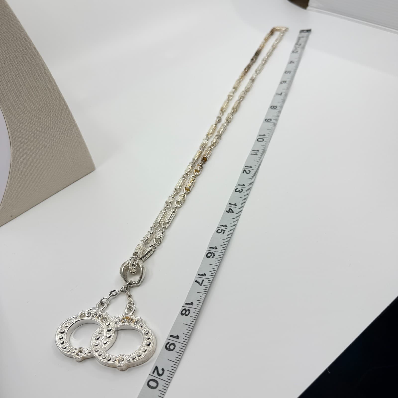 Silver Tone Interlocking Double Oval Pendant Necklace Rhinestone Minimalist Boho - Thumbnail 10