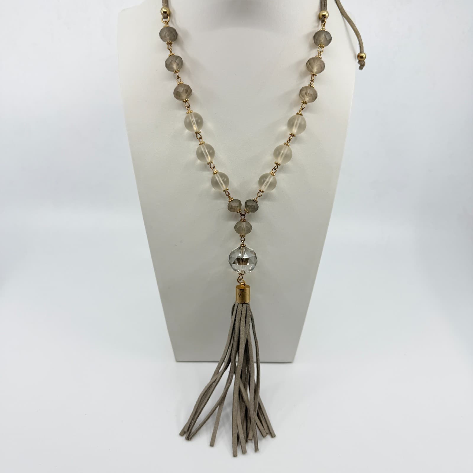 Vintage Boho Suede Tassel Pendant Necklace Gray Glass Beaded Long Statement - Thumbnail 2