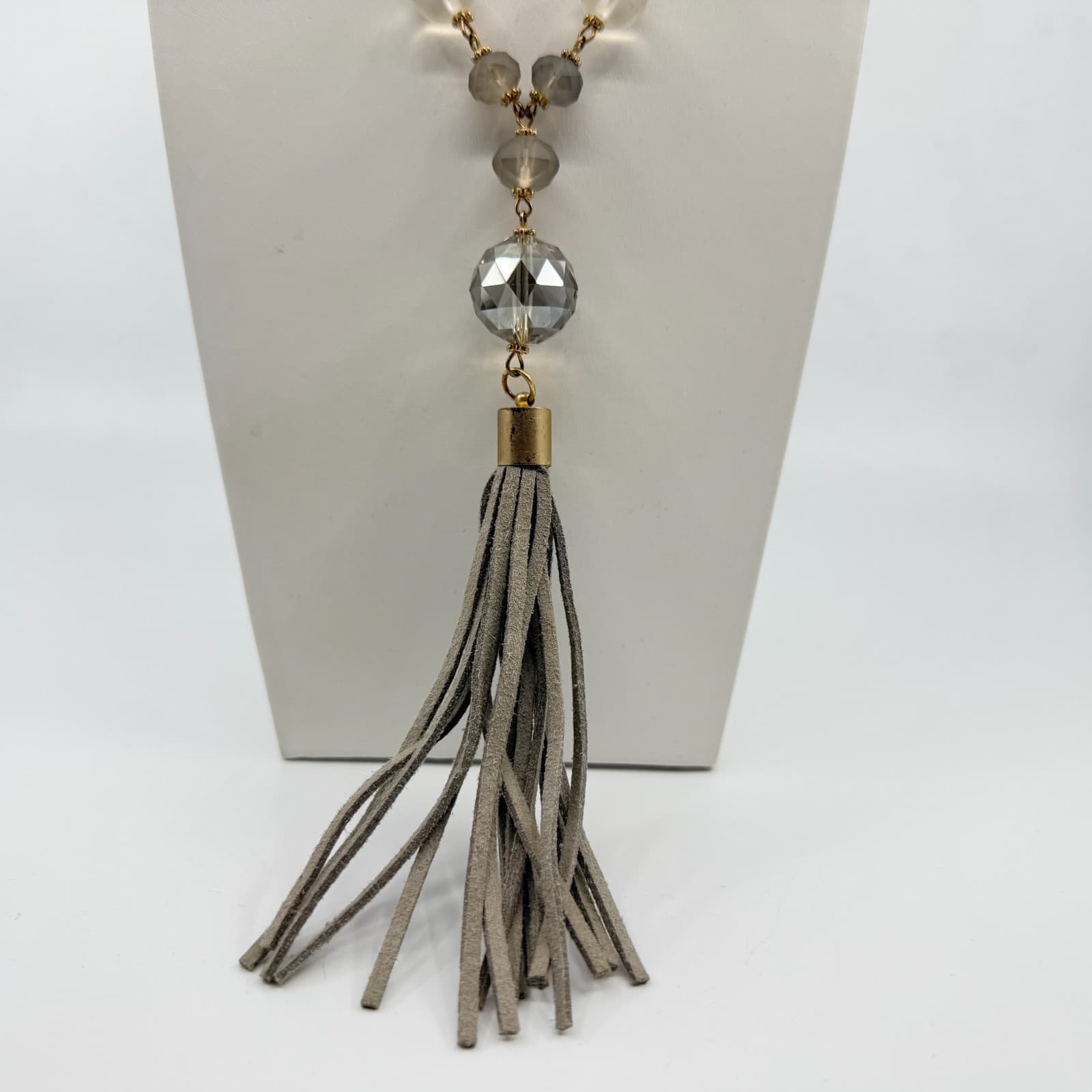 Vintage Boho Suede Tassel Pendant Necklace Gray Glass Beaded Long Statement - Thumbnail 3