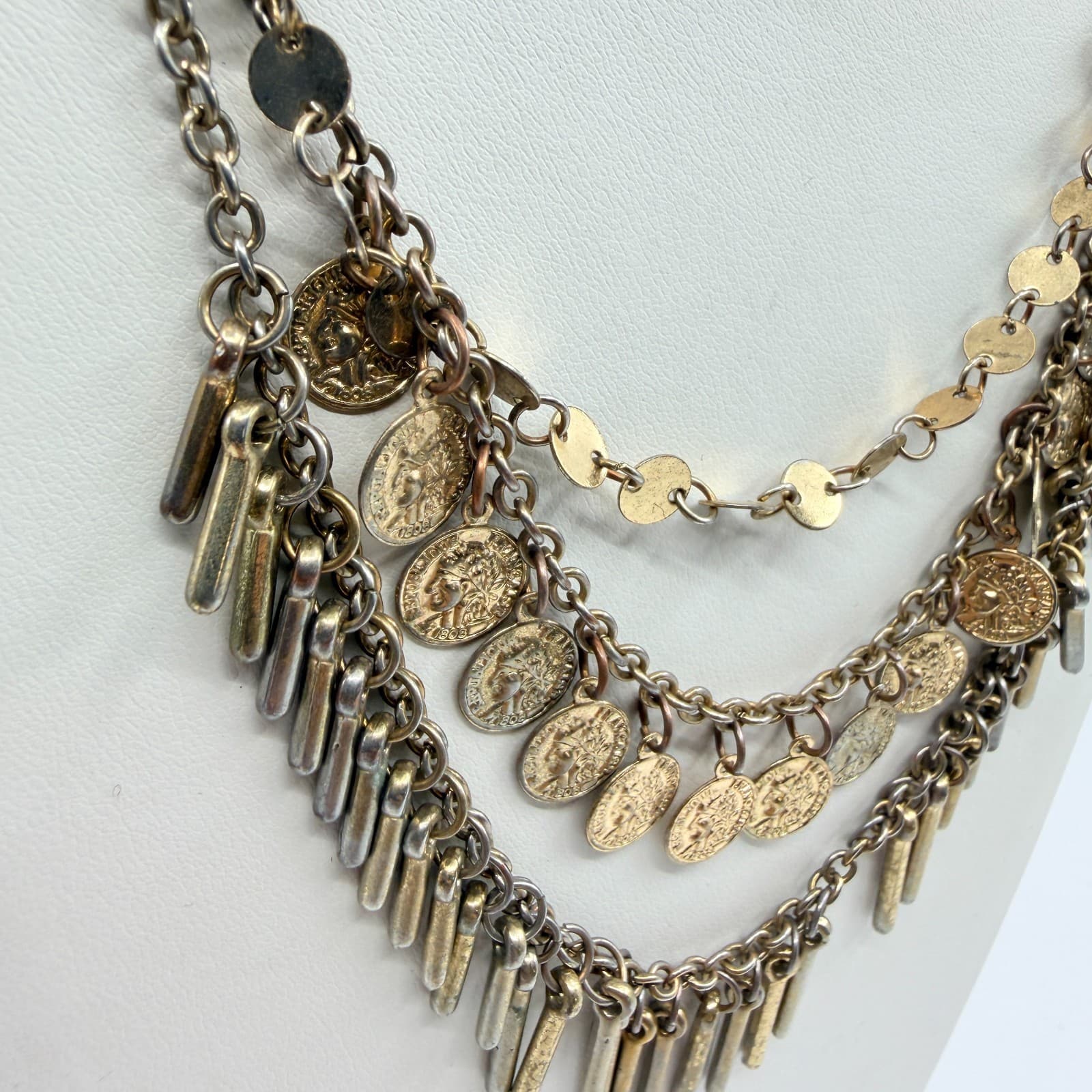 VTG Antique Gold Tone Multi Strand Coin Fringe Layered Statement BIB Necklace - Thumbnail 3
