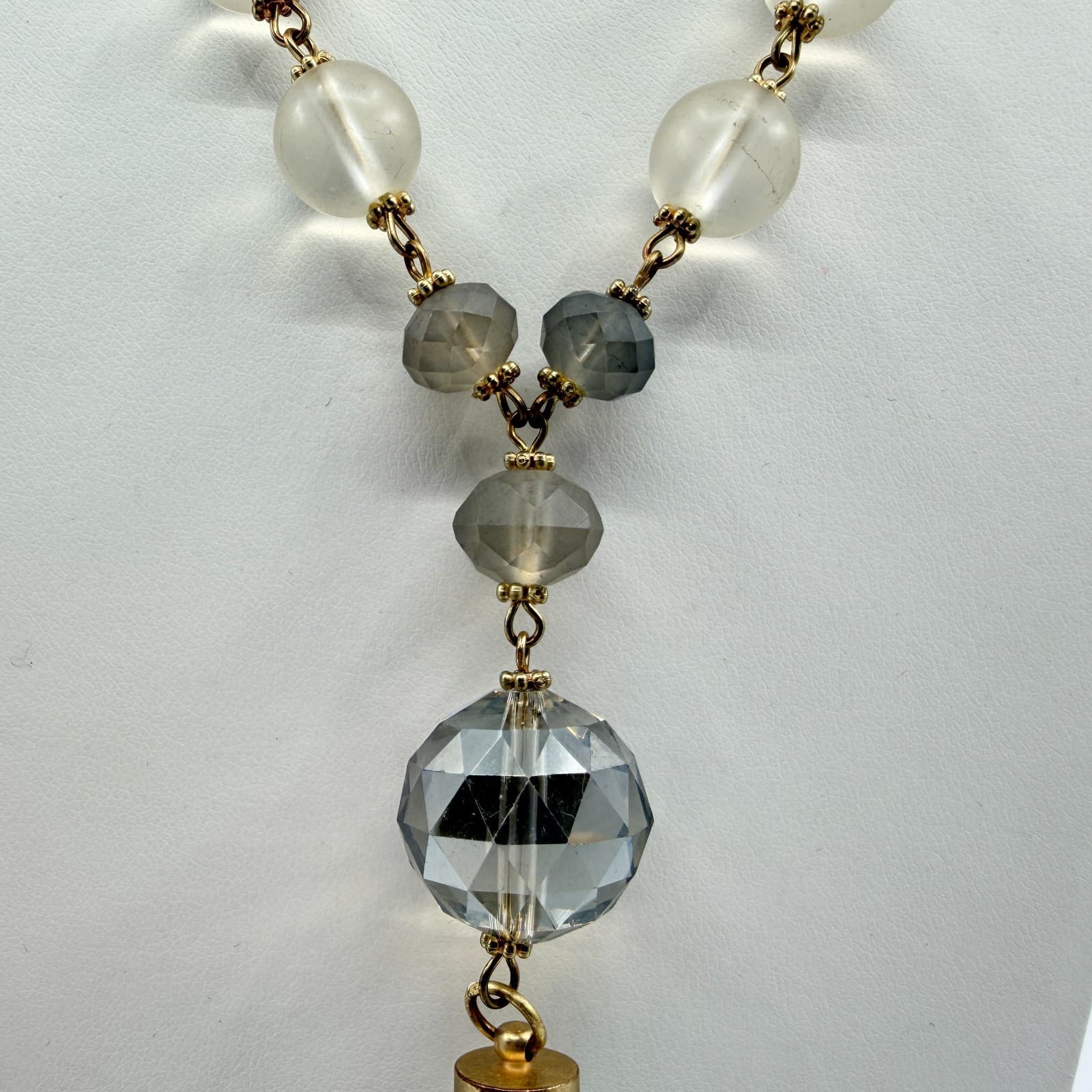 Vintage Boho Suede Tassel Pendant Necklace Gray Glass Beaded Long Statement - Thumbnail 4