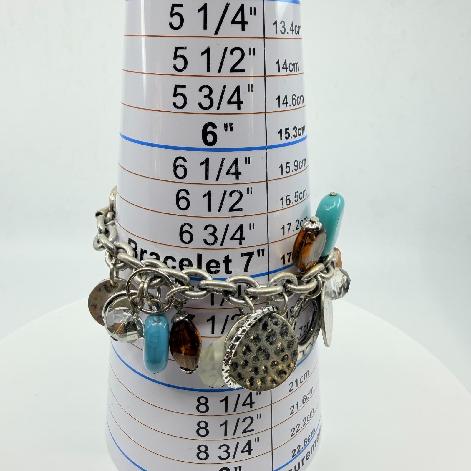 Vintage Boho Silver Faux Turquoise Chunky Charm Bracelet Multi Bead Toggle Y2K - Thumbnail 7