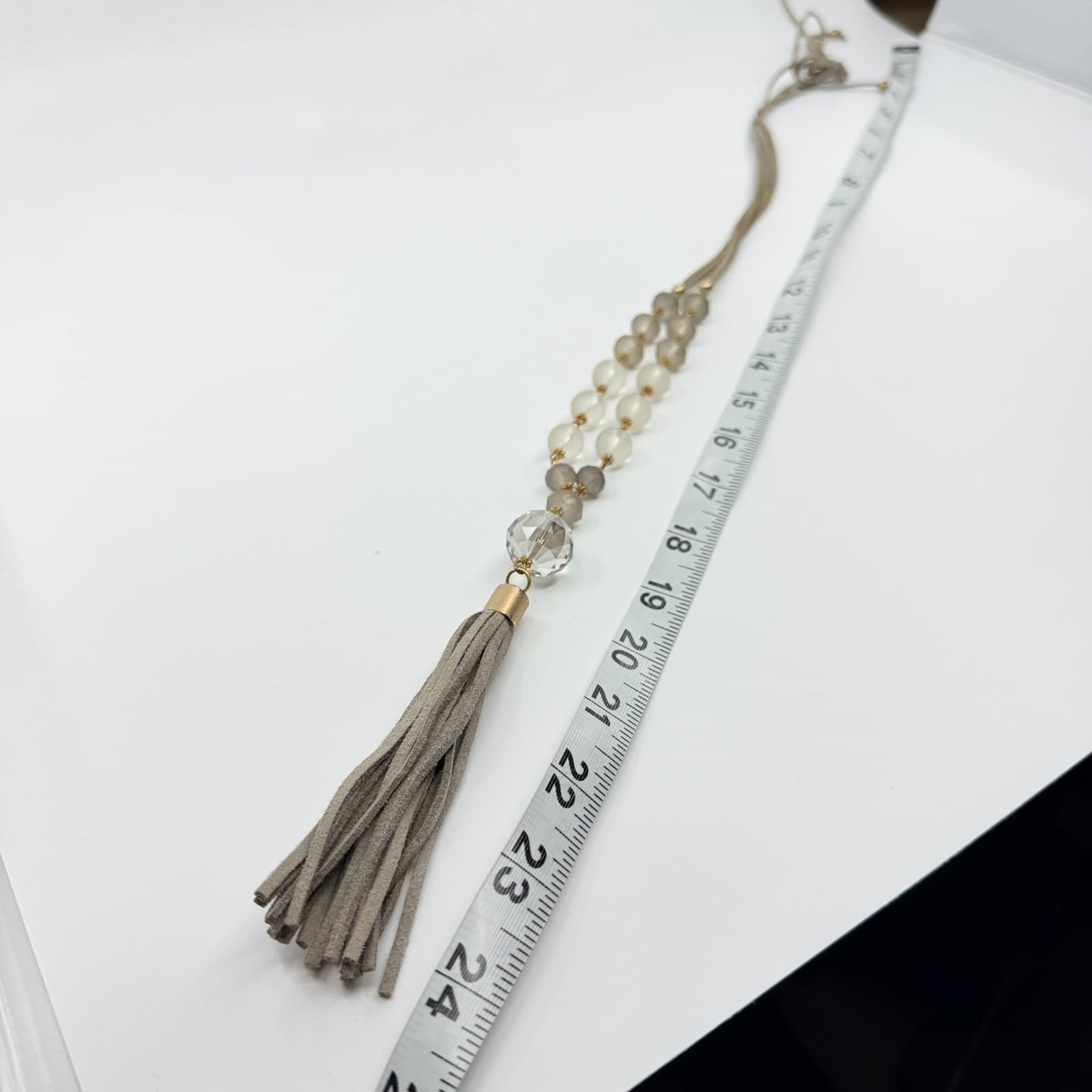 Vintage Boho Suede Tassel Pendant Necklace Gray Glass Beaded Long Statement - Thumbnail 11