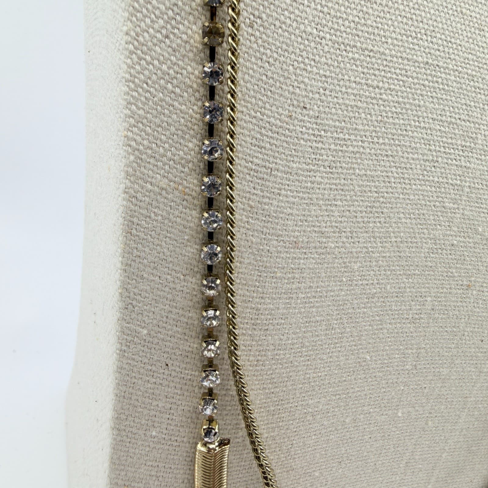 Vintage Gold Tone Multi Strand Layered Necklace Mixed Chain Rhinestone Statement - Thumbnail 4