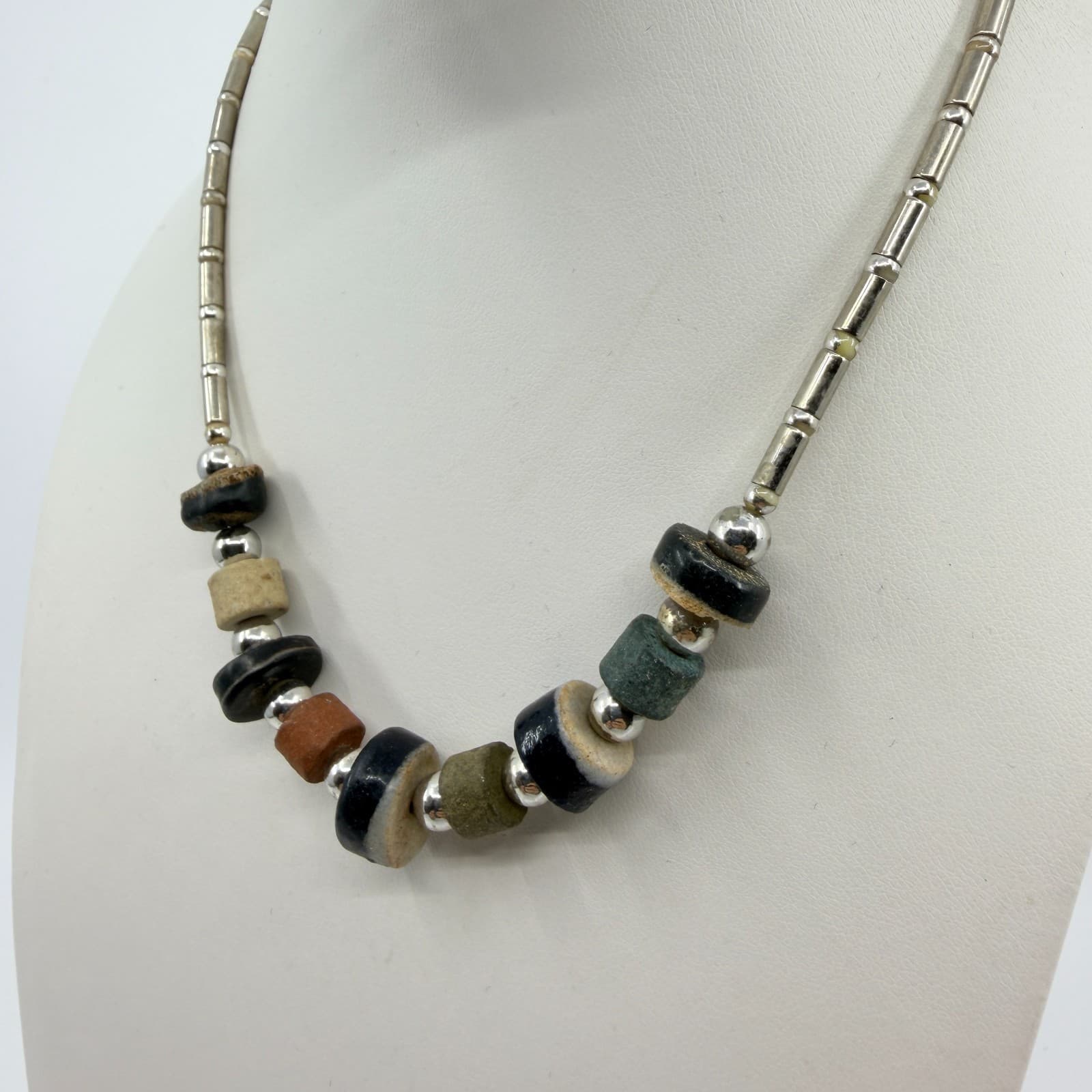 Vintage Southwestern Multi Stone Liquid Silver Tone Necklace Chunky Bead Boho - Thumbnail 6