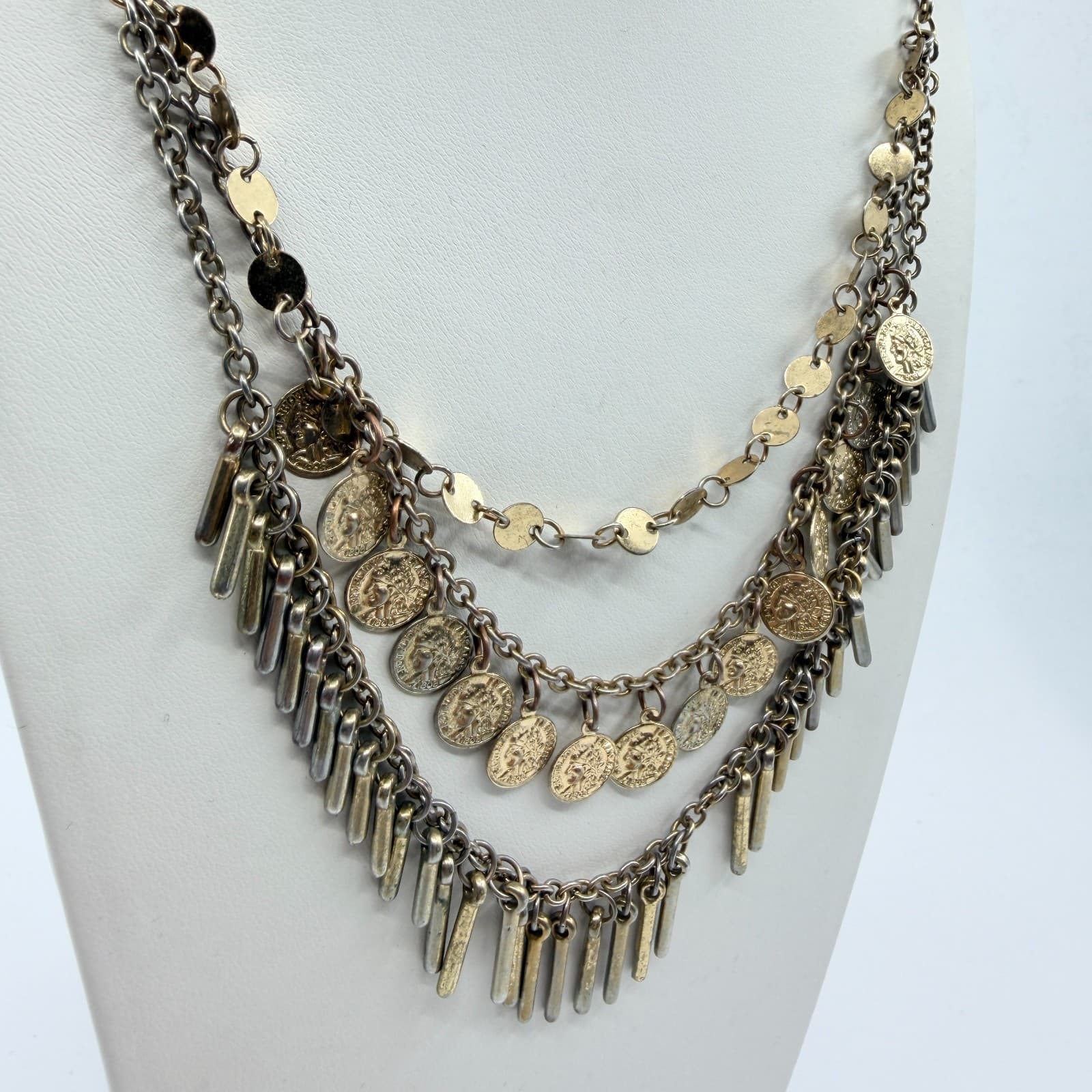 VTG Antique Gold Tone Multi Strand Coin Fringe Layered Statement BIB Necklace - Thumbnail 4