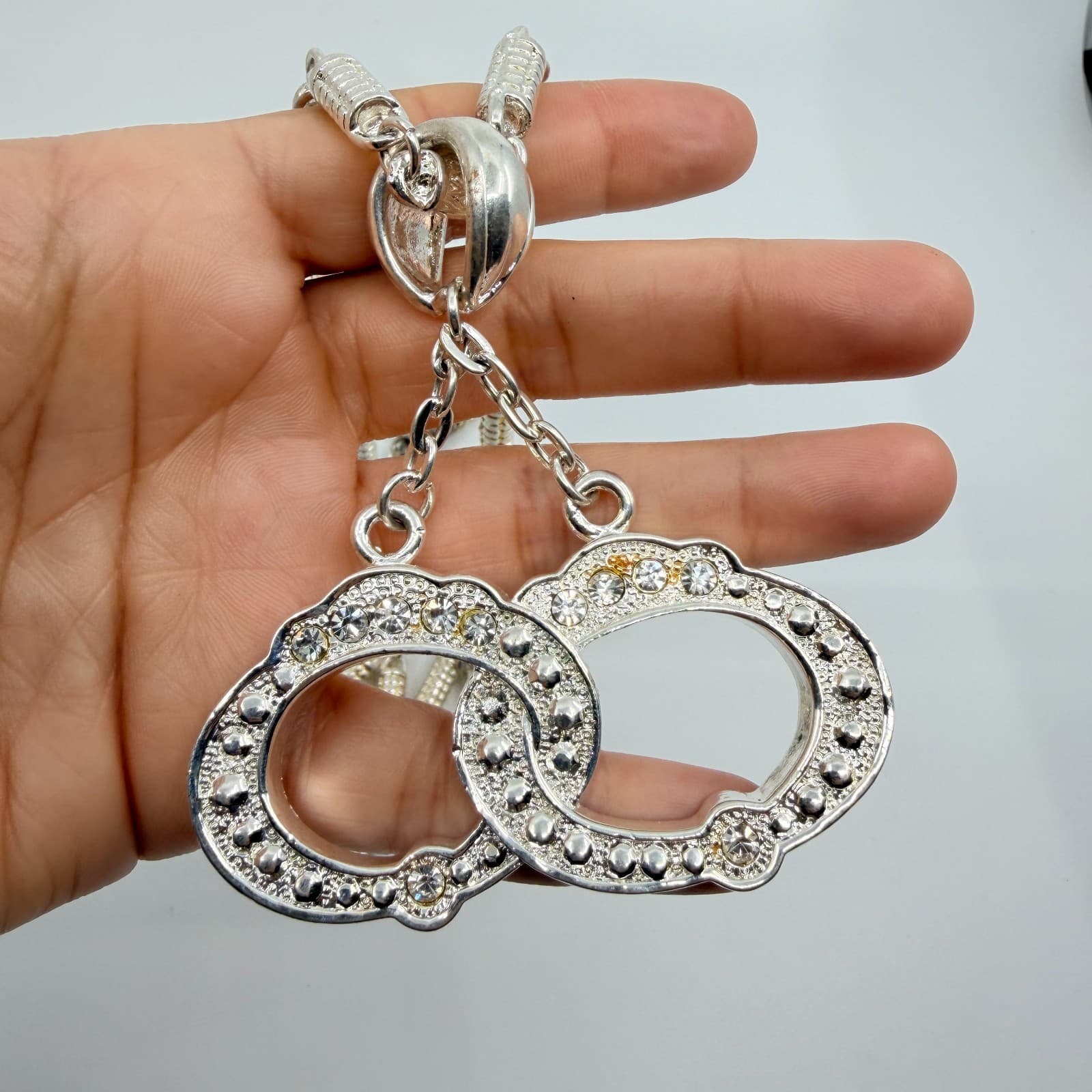 Silver Tone Interlocking Double Oval Pendant Necklace Rhinestone Minimalist Boho - Thumbnail 9