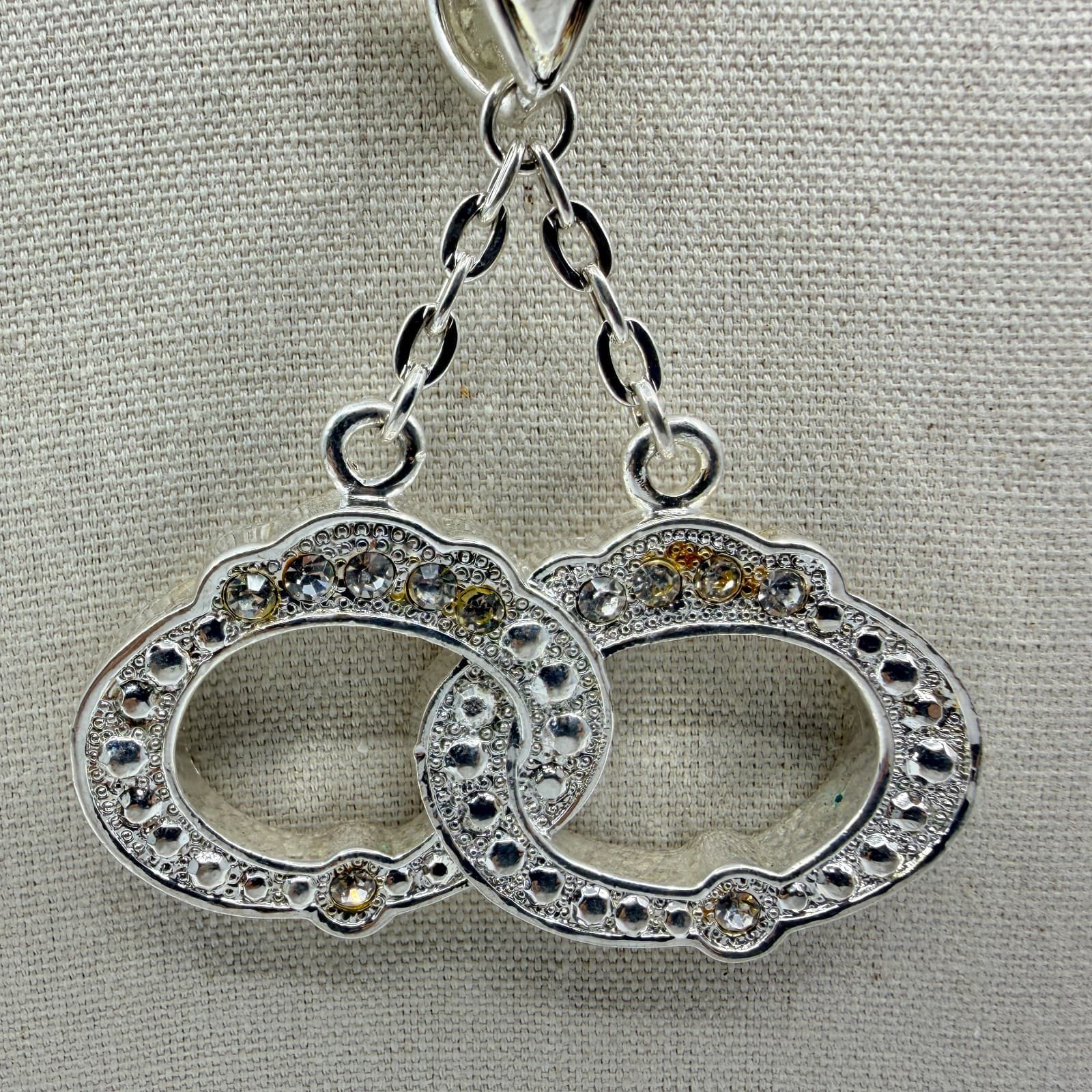 Silver Tone Interlocking Double Oval Pendant Necklace Rhinestone Minimalist Boho - Thumbnail 2