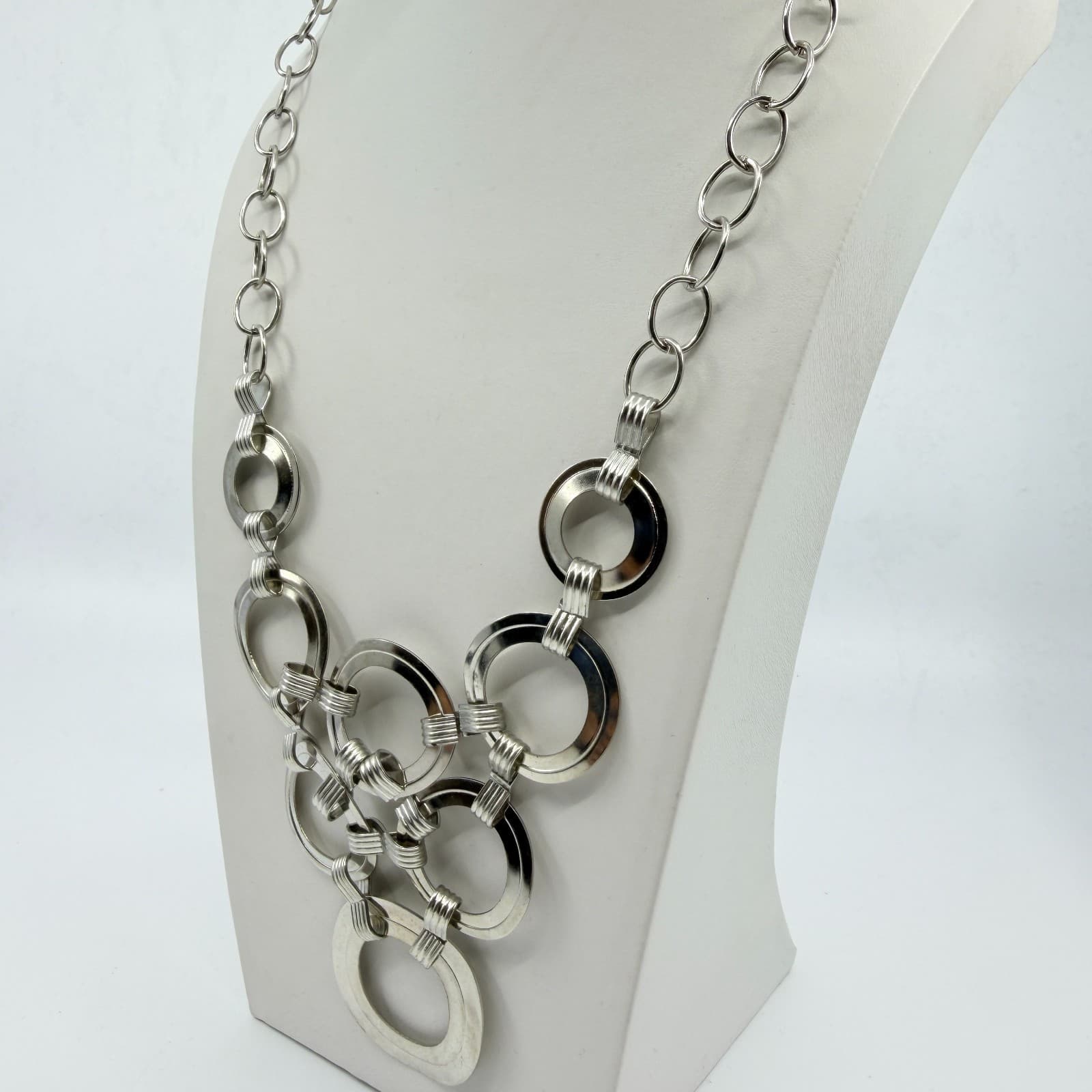 VTG Y2K Silver Tone Interlocking O-Ring Statement BIB Necklace Modernist Retro - Thumbnail 6