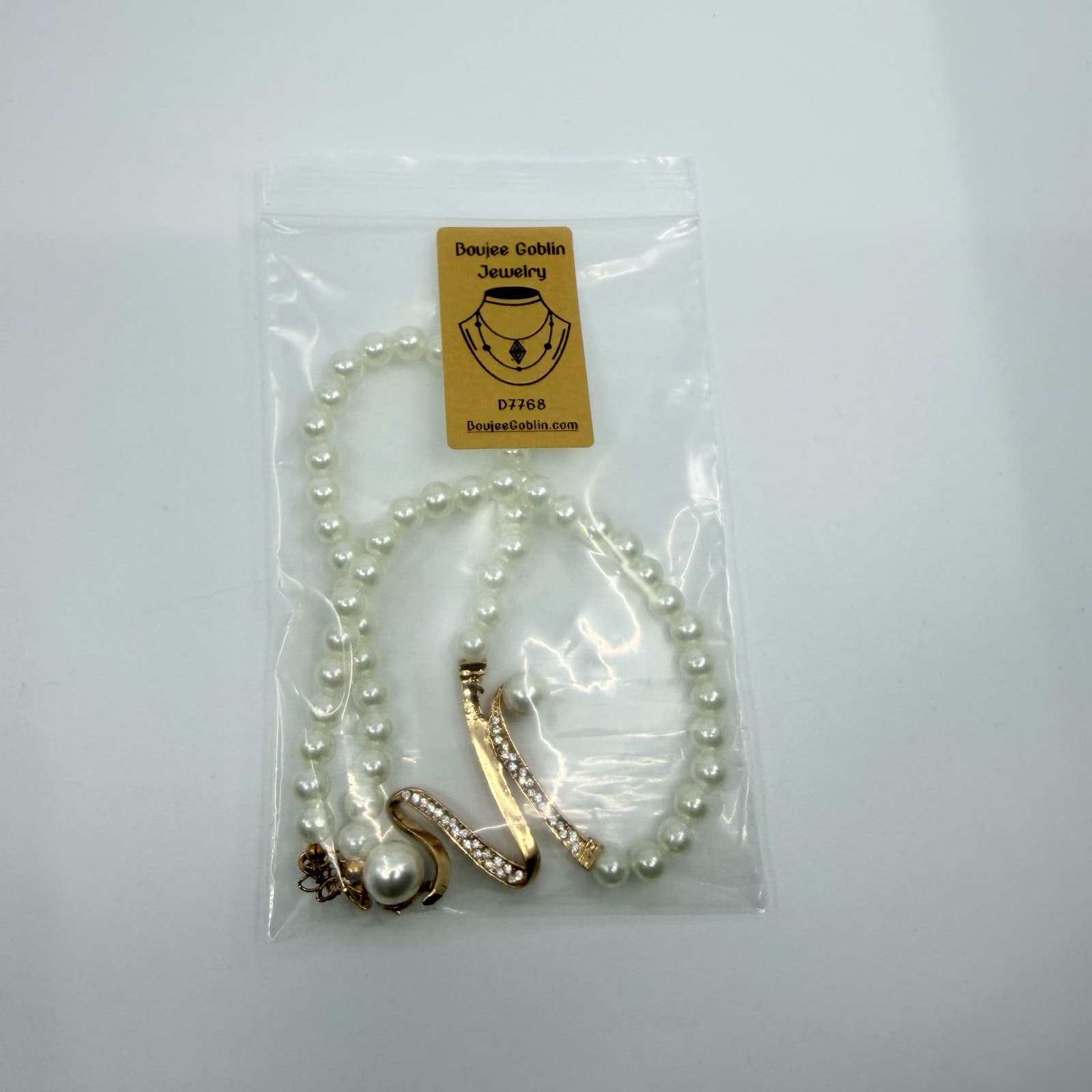 Gold Tone Simulated Pearl Necklace Ribbon S Pendant Rhinestone Bridal Statement - Thumbnail 11