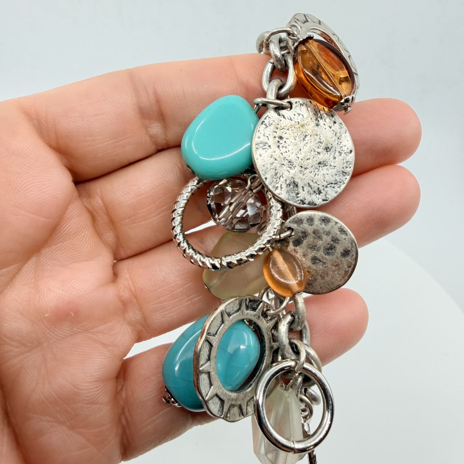 Vintage Boho Silver Faux Turquoise Chunky Charm Bracelet Multi Bead Toggle Y2K - Thumbnail 6