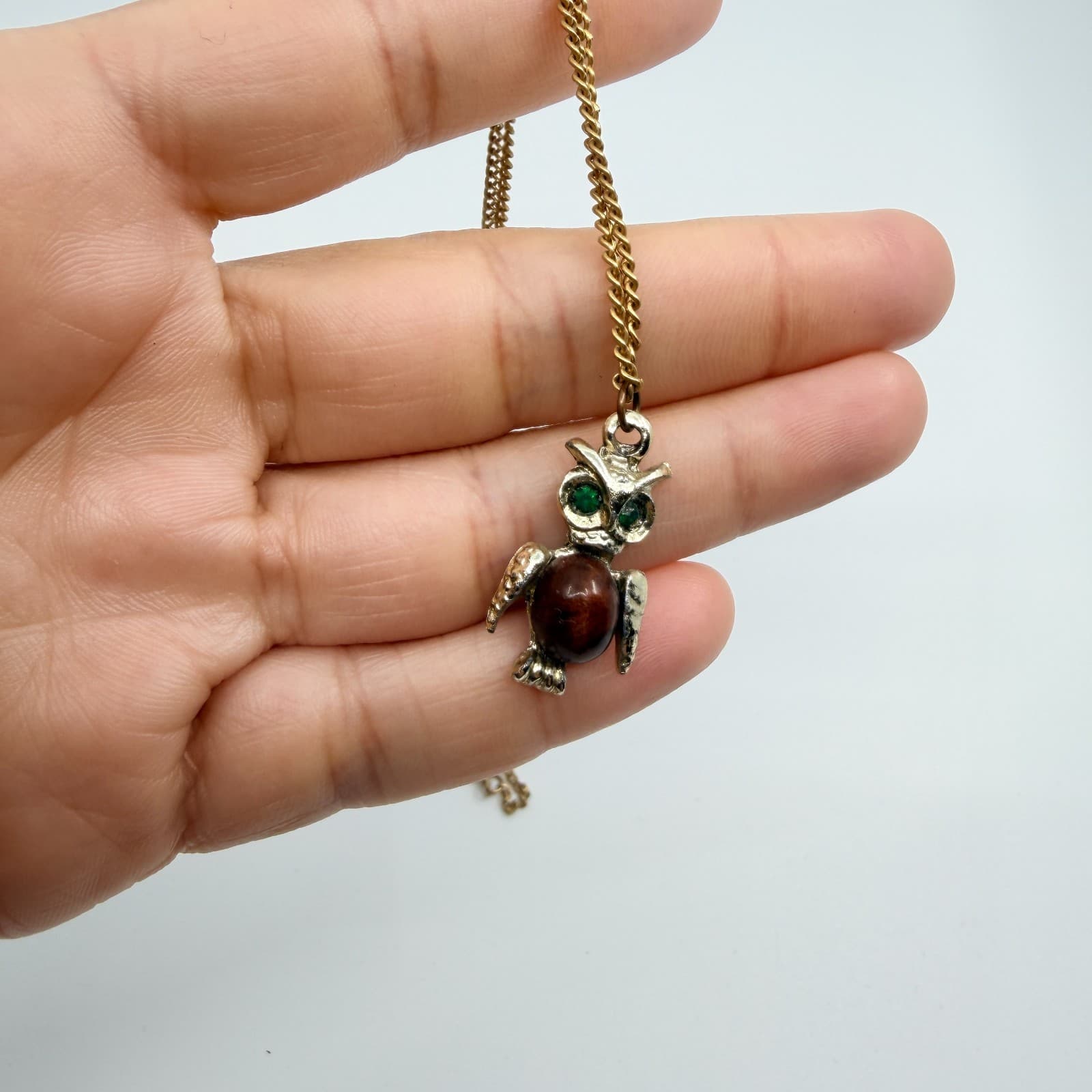 Vintage Silver Tone Owl Pendant Necklace Green Rhinestone Eyes Brown Cabochon - Thumbnail 8