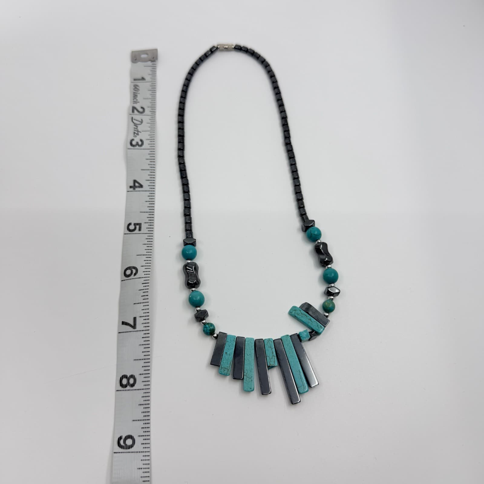 Vintage Southwestern Piano Key Necklace Turquoise Tone Hematite Bar Statement - Thumbnail 7