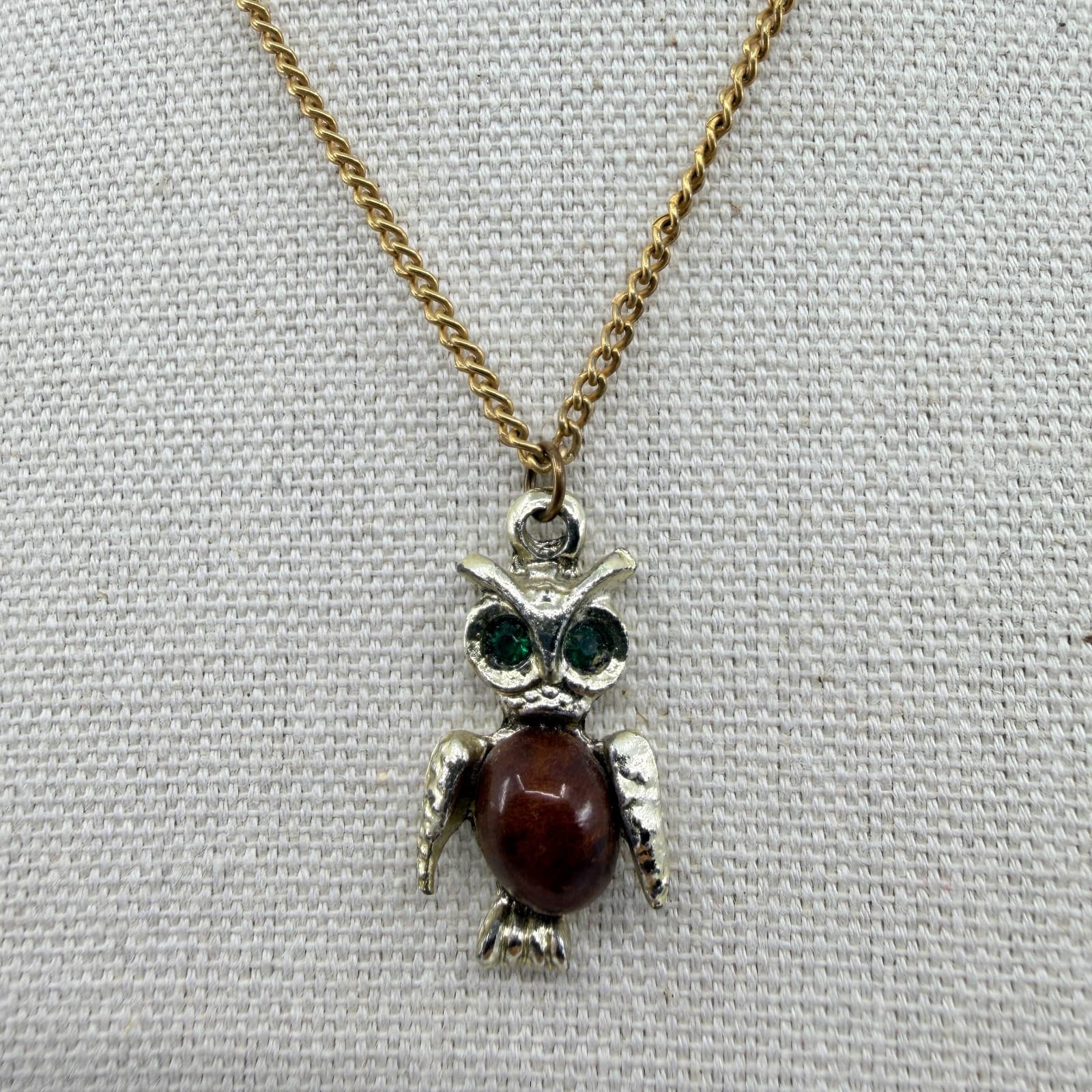 Vintage Silver Tone Owl Pendant Necklace Green Rhinestone Eyes Brown Cabochon - Thumbnail 4