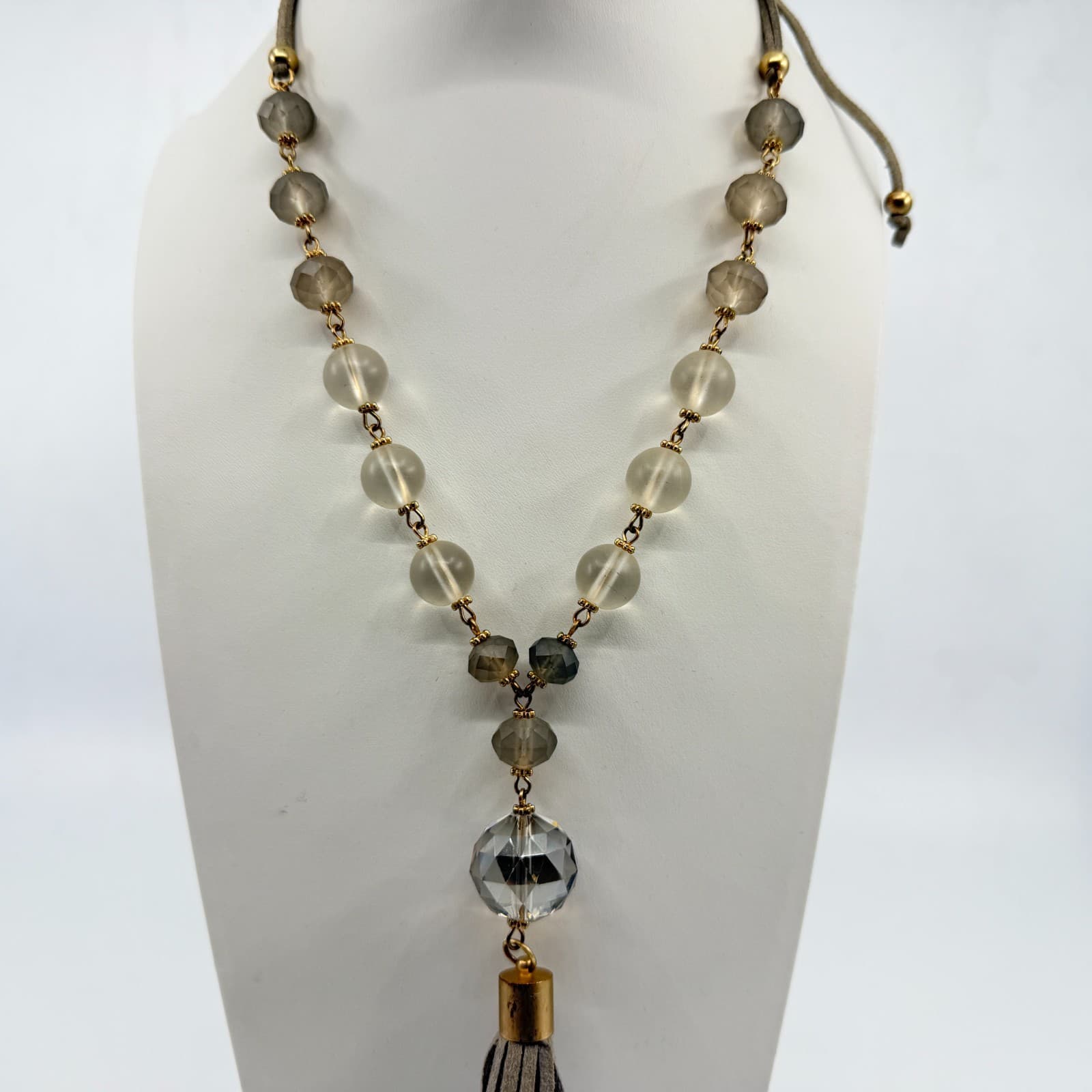 Vintage Boho Suede Tassel Pendant Necklace Gray Glass Beaded Long Statement - Thumbnail 5