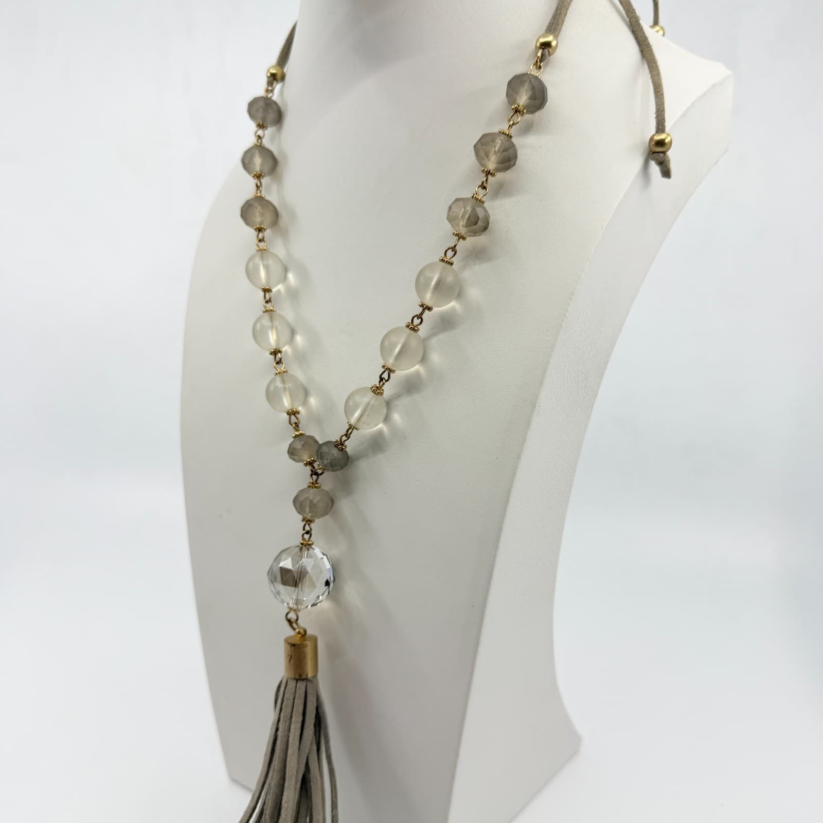 Vintage Boho Suede Tassel Pendant Necklace Gray Glass Beaded Long Statement - Thumbnail 9