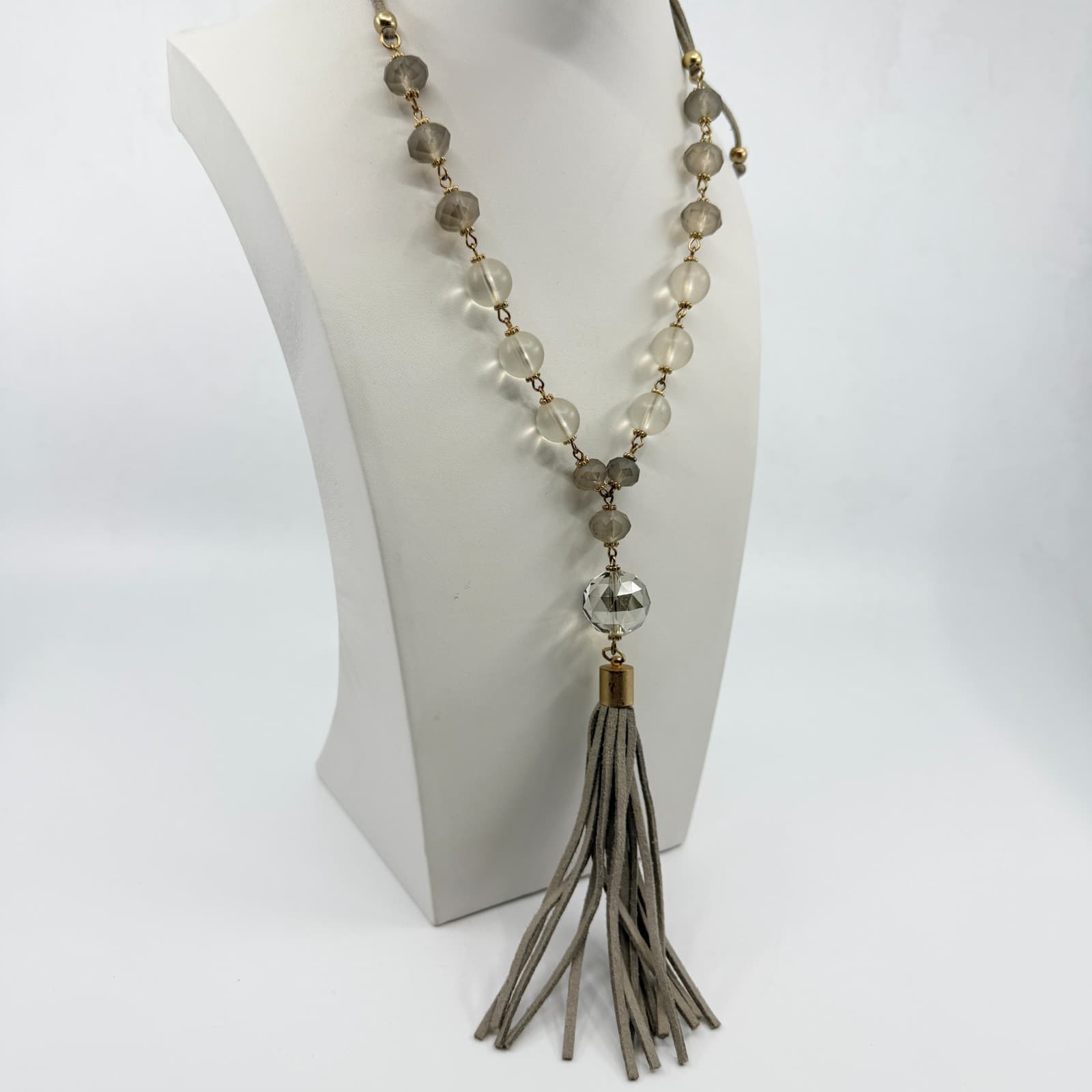 Vintage Boho Suede Tassel Pendant Necklace Gray Glass Beaded Long Statement - Thumbnail 7