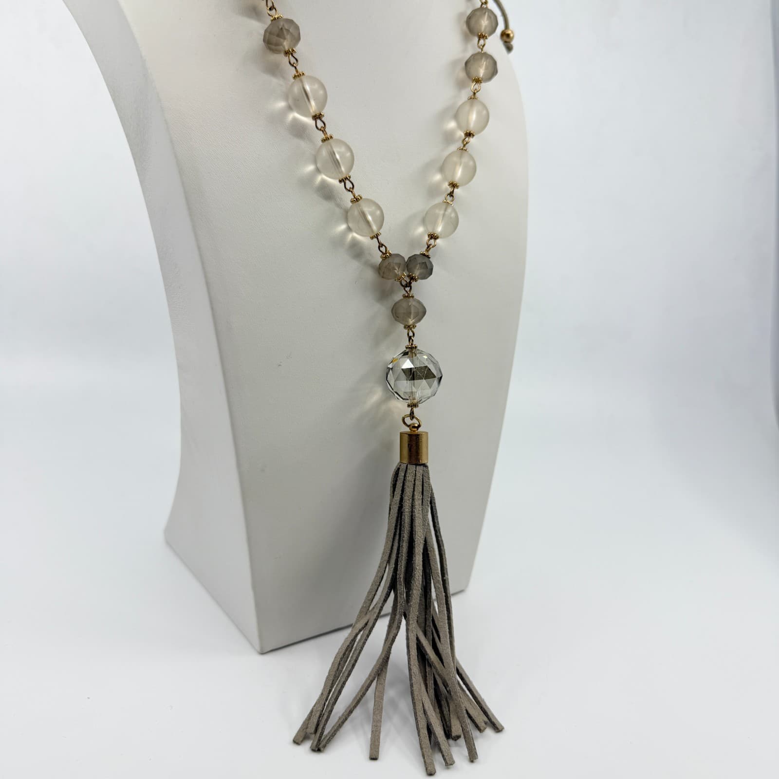 Vintage Boho Suede Tassel Pendant Necklace Gray Glass Beaded Long Statement - Thumbnail 6