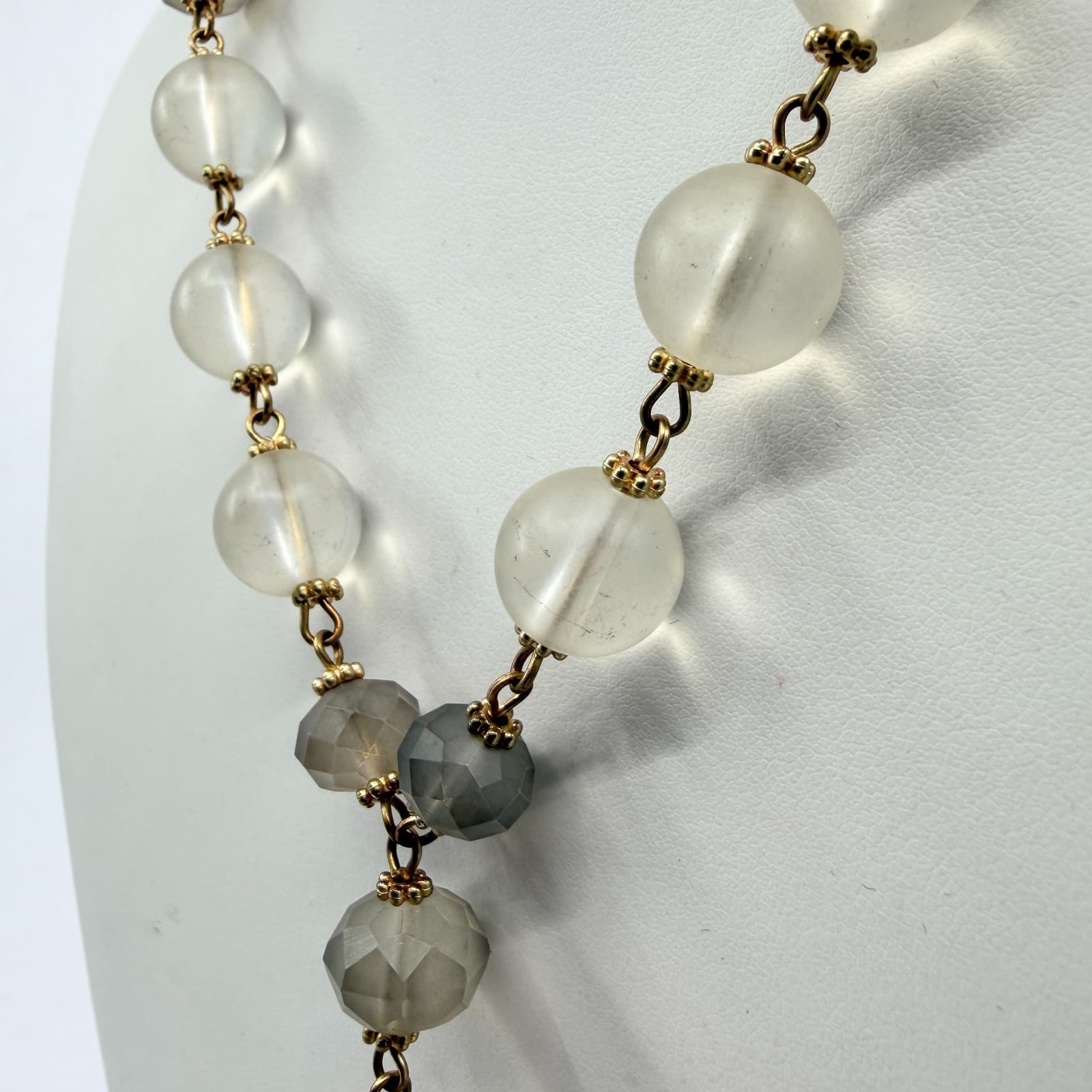 Vintage Boho Suede Tassel Pendant Necklace Gray Glass Beaded Long Statement - Thumbnail 8