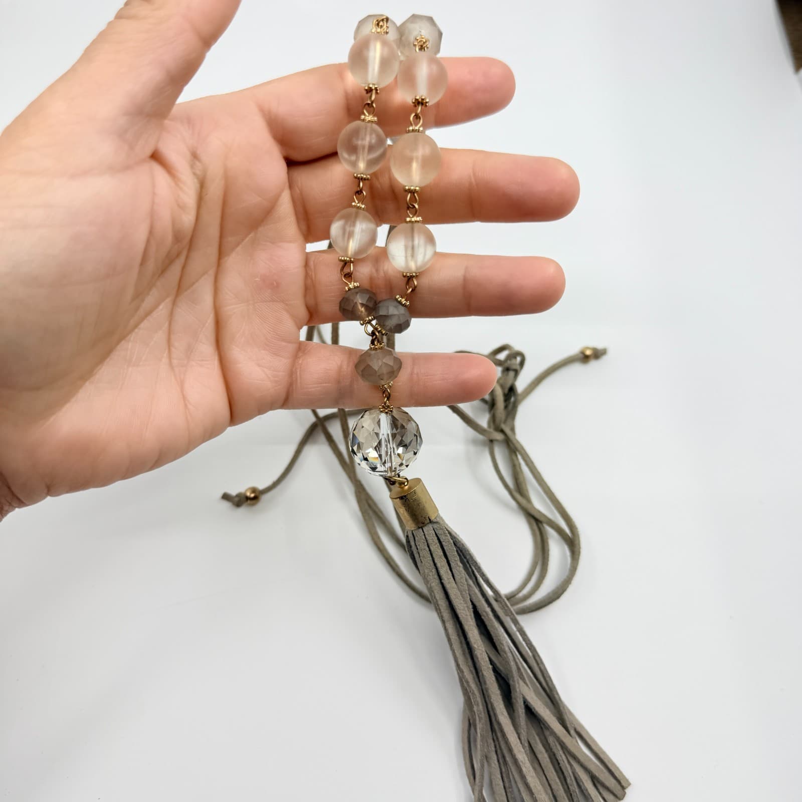 Vintage Boho Suede Tassel Pendant Necklace Gray Glass Beaded Long Statement - Thumbnail 10