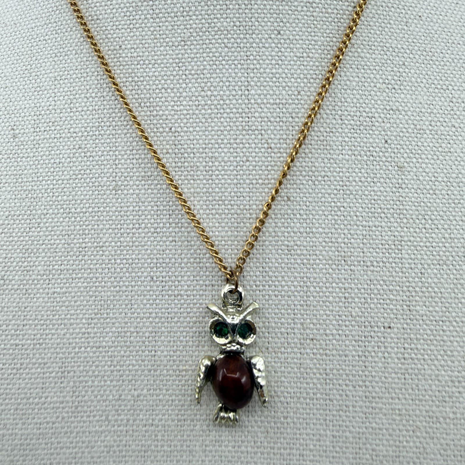 Vintage Silver Tone Owl Pendant Necklace Green Rhinestone Eyes Brown Cabochon - Thumbnail 2
