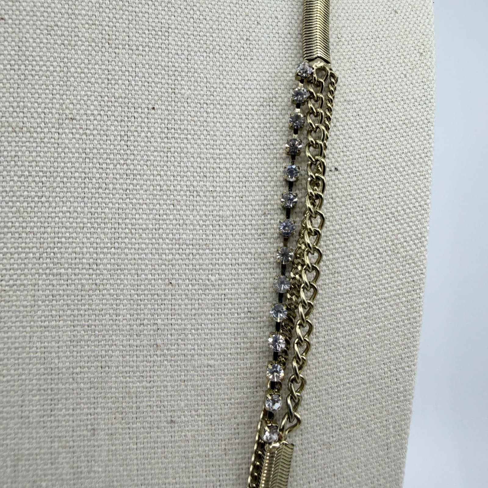 Vintage Gold Tone Multi Strand Layered Necklace Mixed Chain Rhinestone Statement - Thumbnail 3