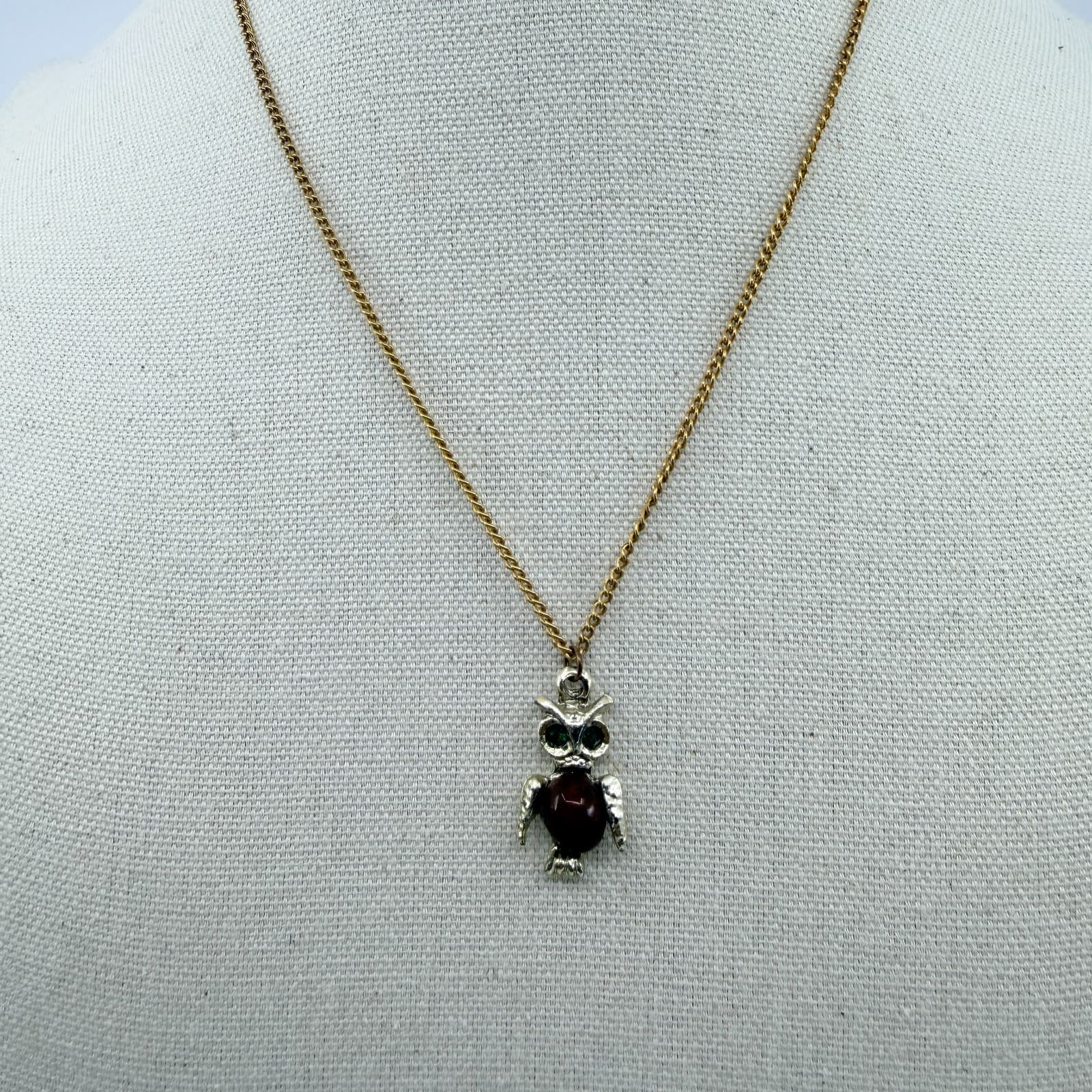 Vintage Silver Tone Owl Pendant Necklace Green Rhinestone Eyes Brown Cabochon - Thumbnail 3