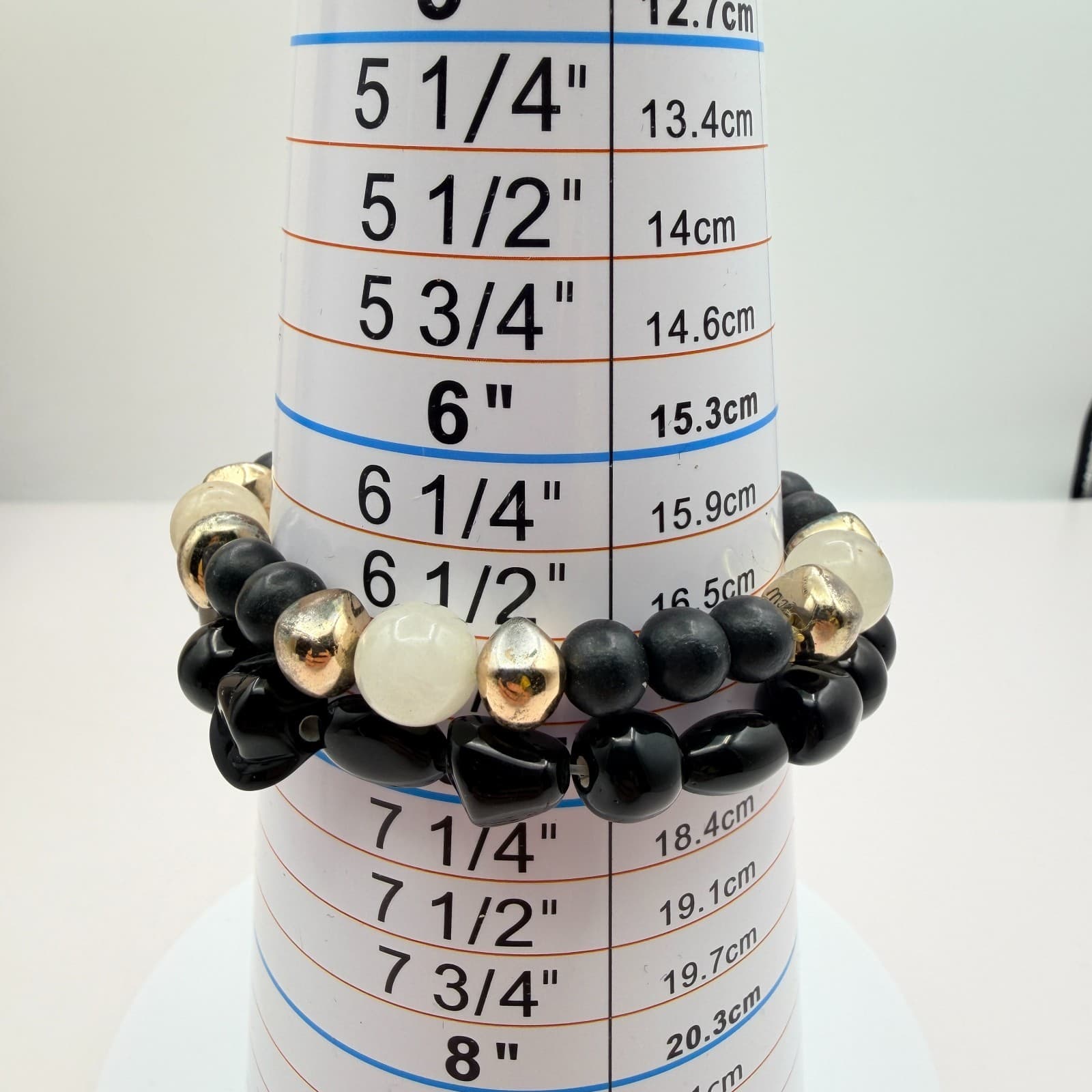 Vintage Y2K Gold Tone Black White Beaded Stretch Bracelet Boho Women's Jewelry - Thumbnail 8