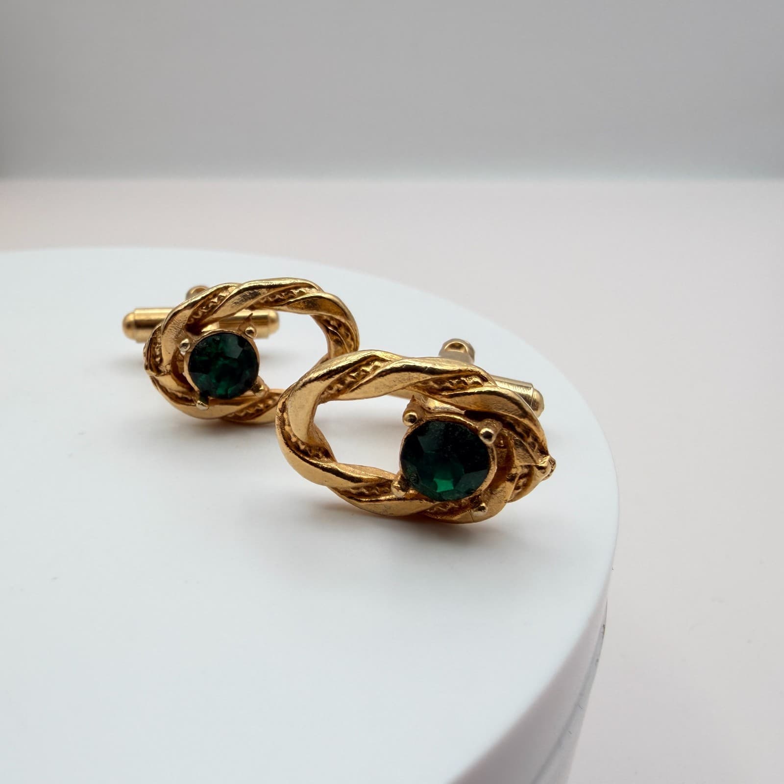 Vintage Y2K Gold Tone Faux Pearl Green Glass Cufflinks Set 2 Pair Men's Jewelry - Thumbnail 7