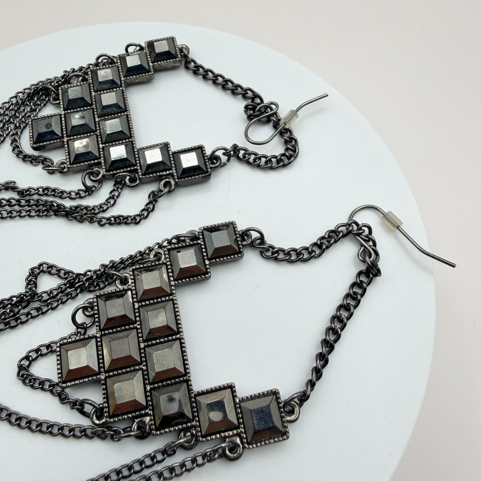 VTG Y2K Gunmetal Tone Geometric Glass Square Dangle Earrings Statement Jewelry - Thumbnail 6