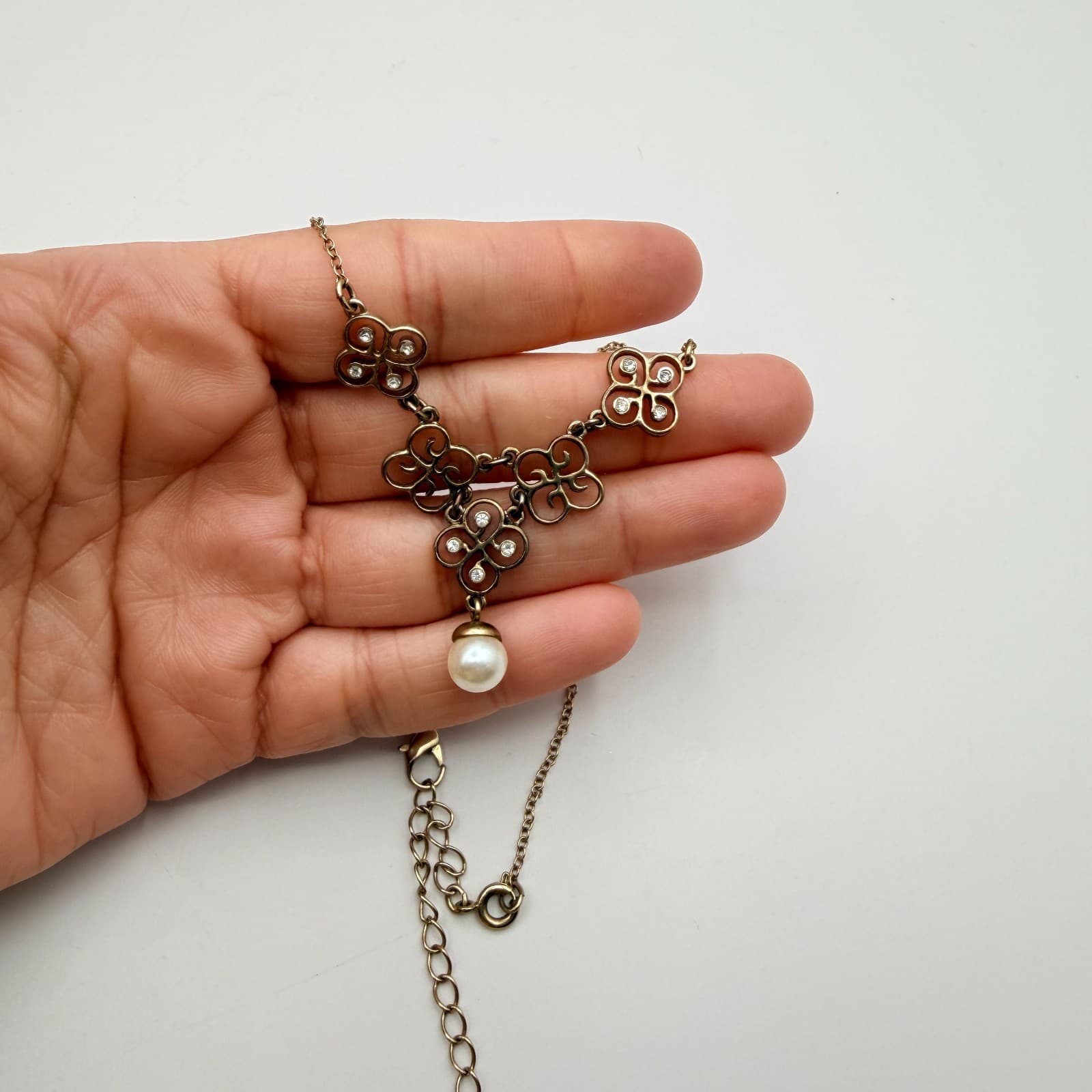 Vintage Y2K Gold Tone Faux Pearl Drop Filigree Flower Necklace Women's Jewelry - Thumbnail 6