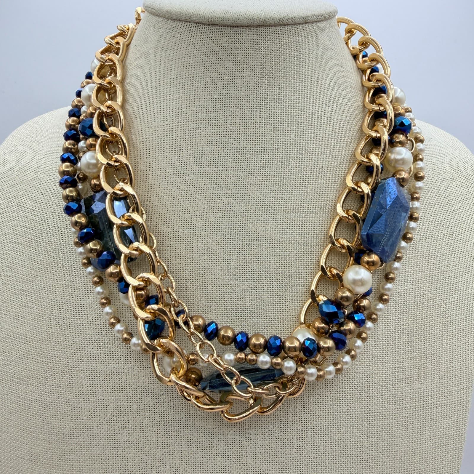 Vintage 90s Gold Tone Multi-Strand Necklace Faux Pearl Beaded Women's Jewelry