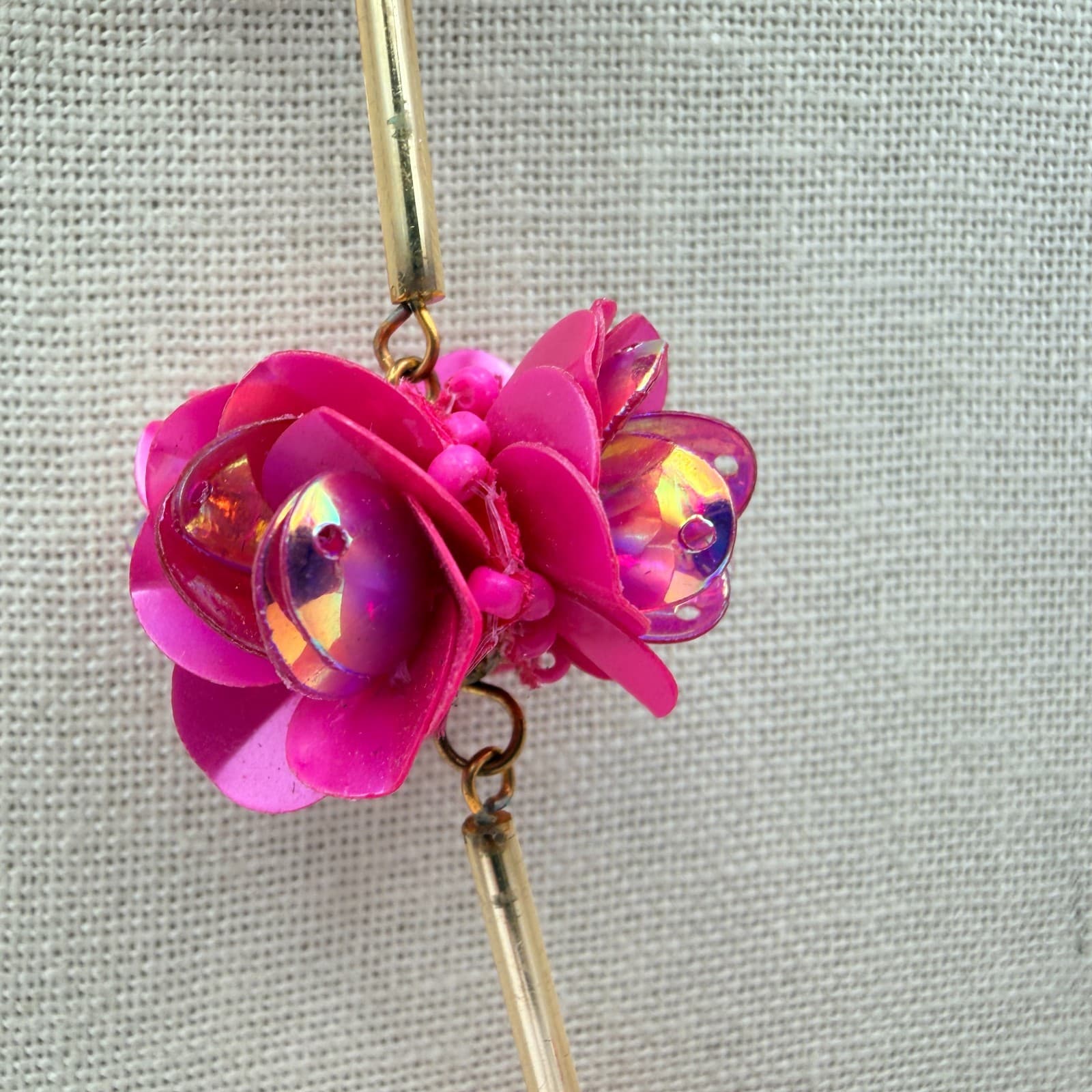 Vintage 90s Gold Tone Necklace Pink Sequin Floral Boho Women's Classic Jewelry - Thumbnail 7