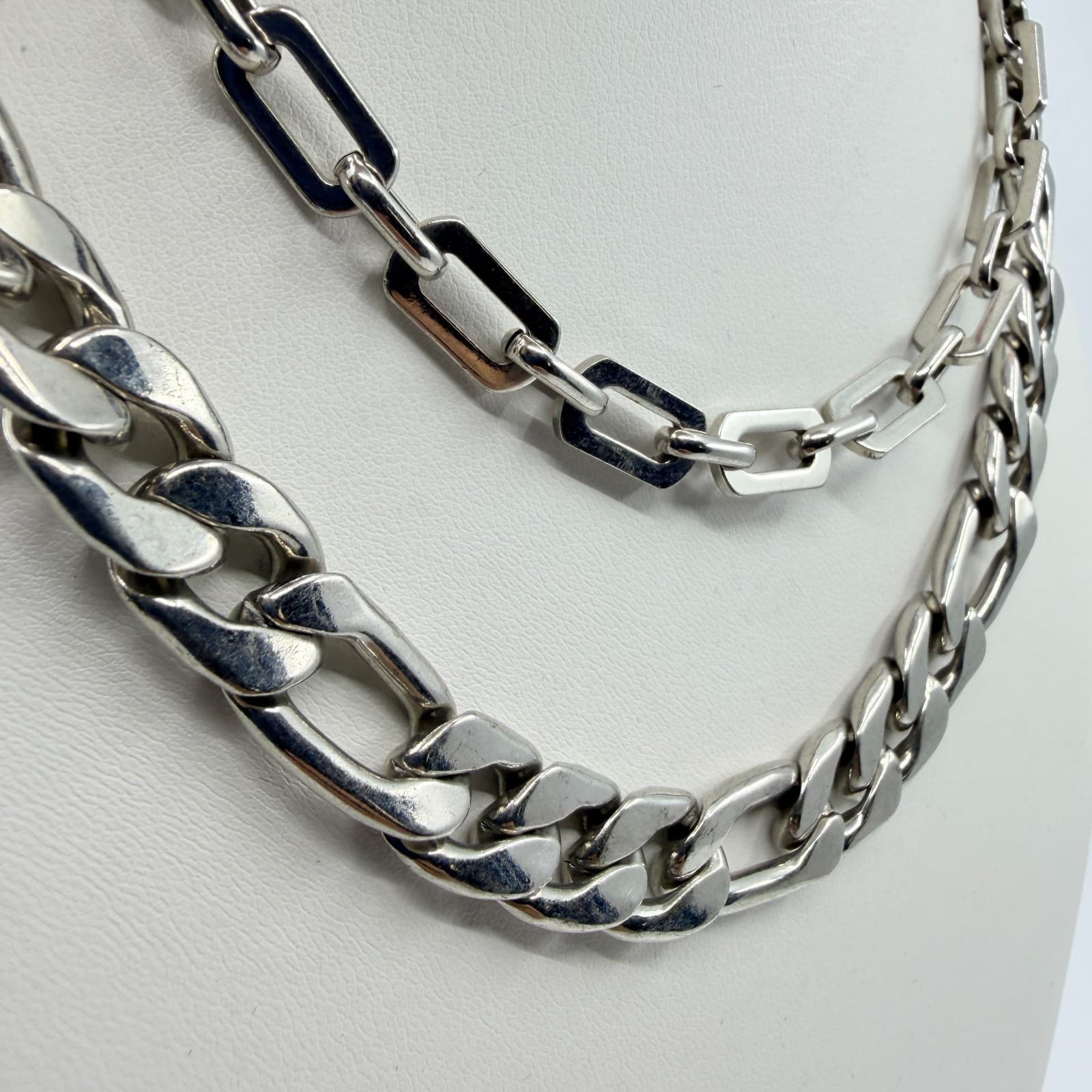 VTG Chunky Silver Tone Layered Chain Necklace Figaro Paperclip Multi Strand Bold - Thumbnail 3