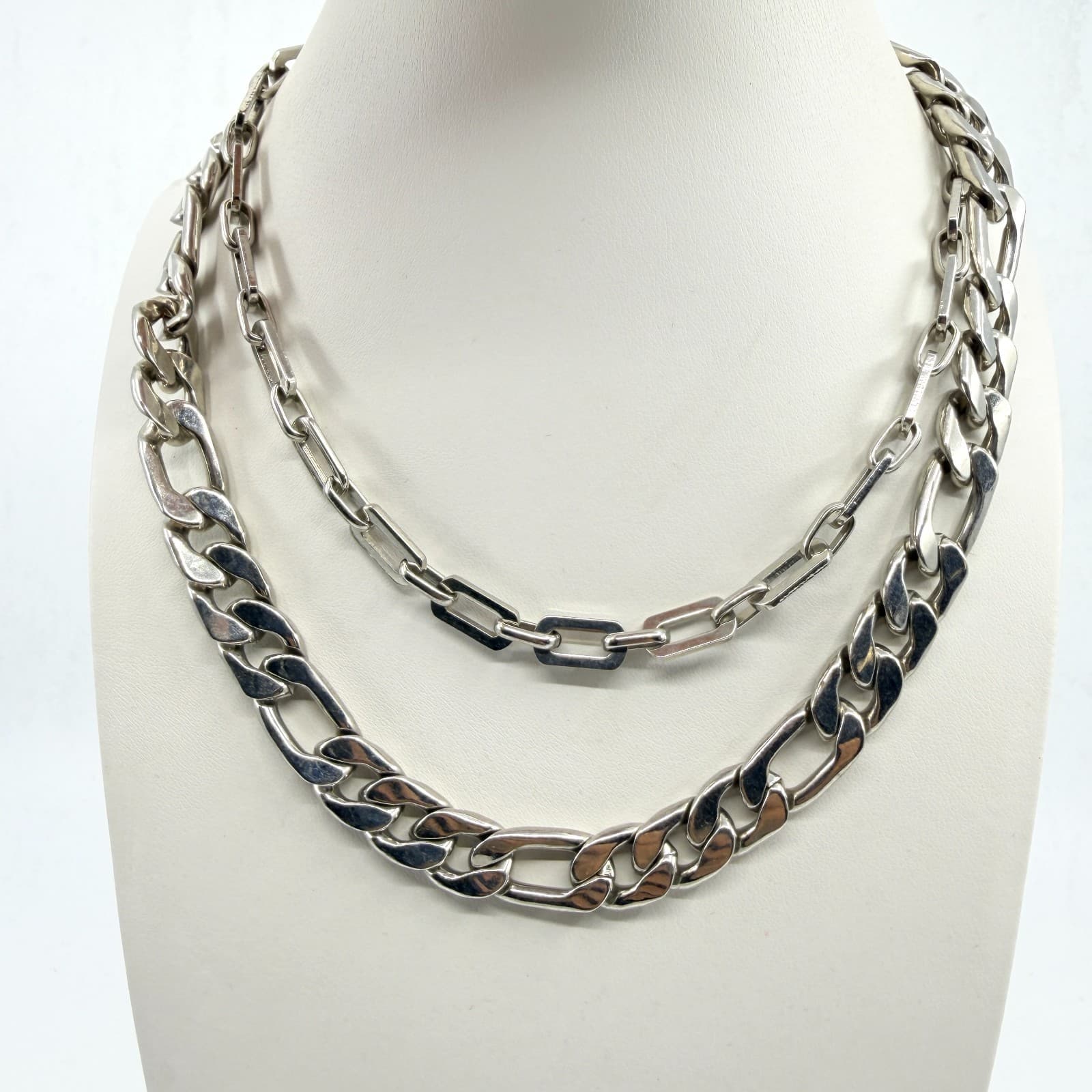 VTG Chunky Silver Tone Layered Chain Necklace Figaro Paperclip Multi Strand Bold