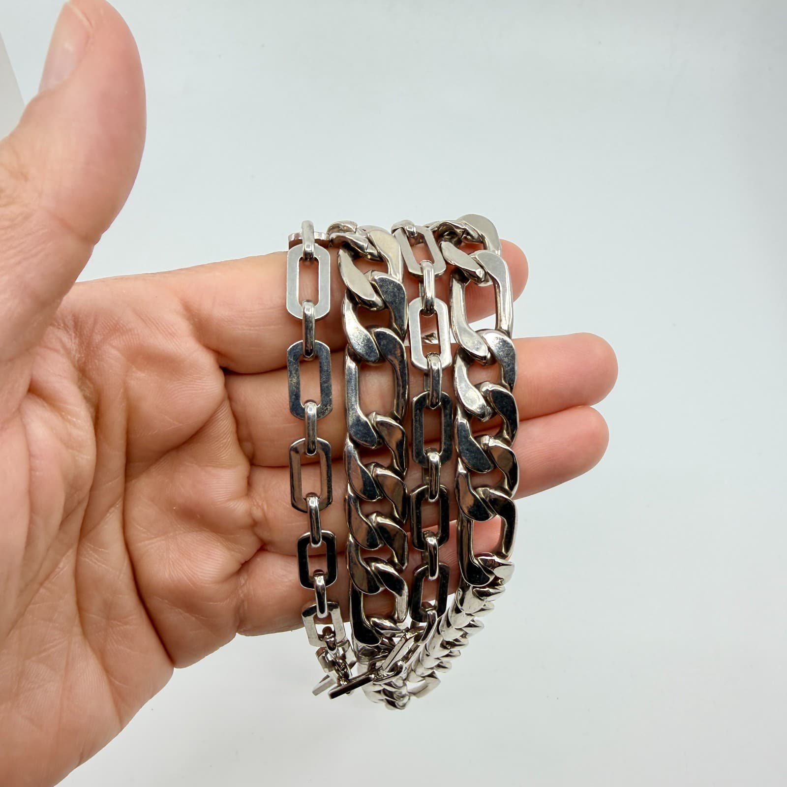 VTG Chunky Silver Tone Layered Chain Necklace Figaro Paperclip Multi Strand Bold - Thumbnail 9