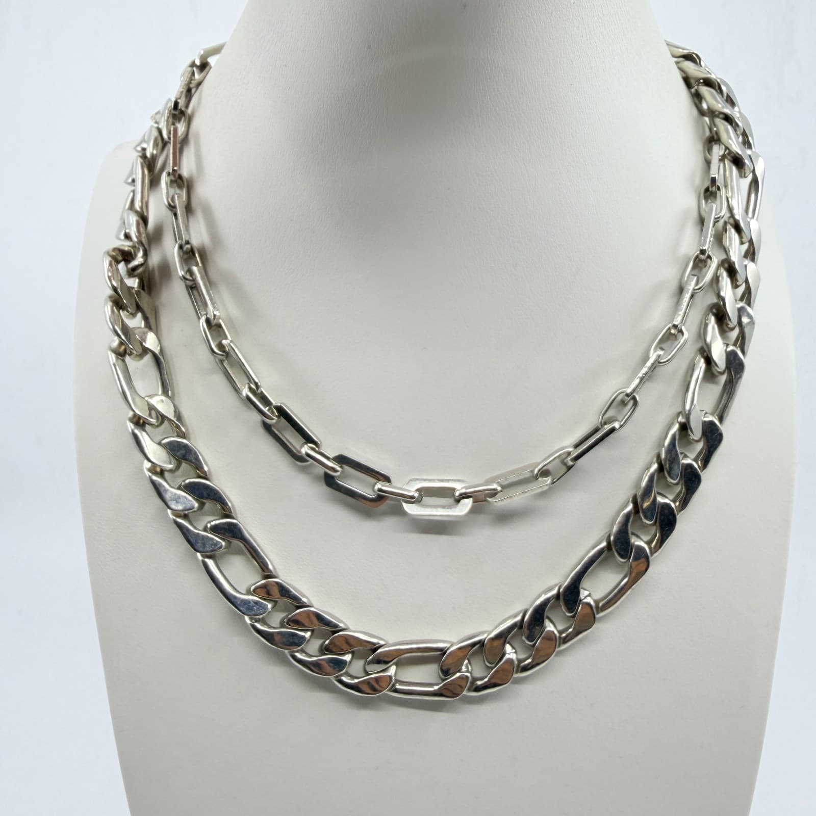 VTG Chunky Silver Tone Layered Chain Necklace Figaro Paperclip Multi Strand Bold - Thumbnail 8