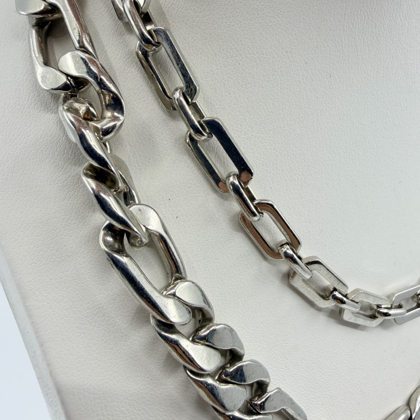 VTG Chunky Silver Tone Layered Chain Necklace Figaro Paperclip Multi Strand Bold - Thumbnail 2