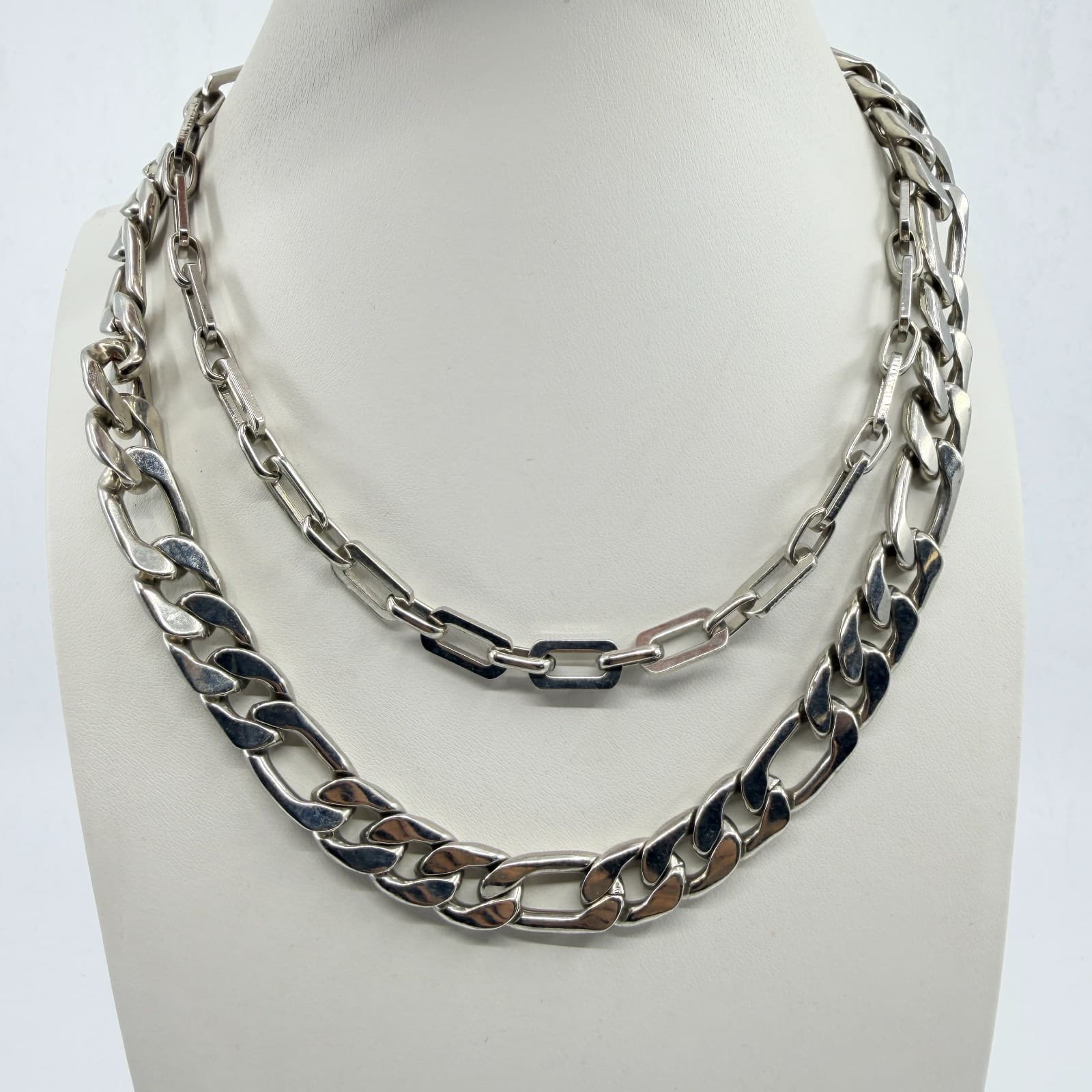 VTG Chunky Silver Tone Layered Chain Necklace Figaro Paperclip Multi Strand Bold - Thumbnail 4