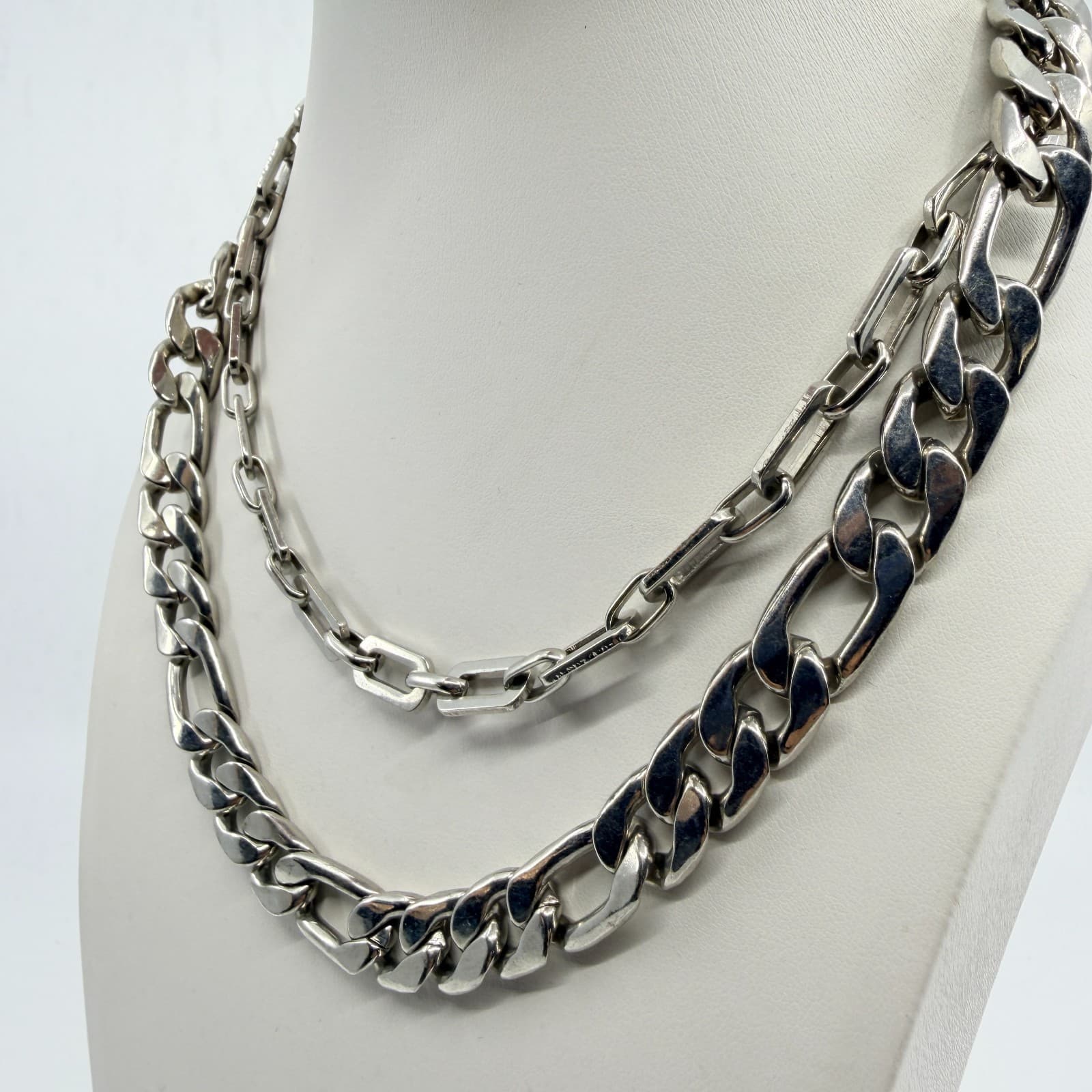 VTG Chunky Silver Tone Layered Chain Necklace Figaro Paperclip Multi Strand Bold - Thumbnail 5