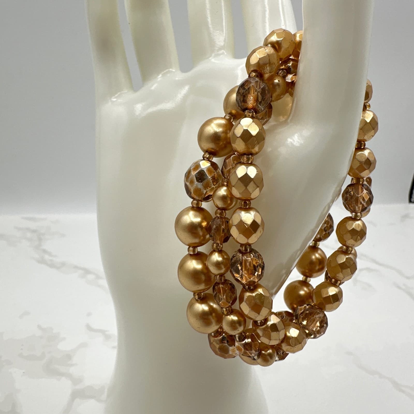 Vintage Gold-Tone Classic Stretch Triple-Strand Faceted Beads Torsade Bracelet - Thumbnail 2