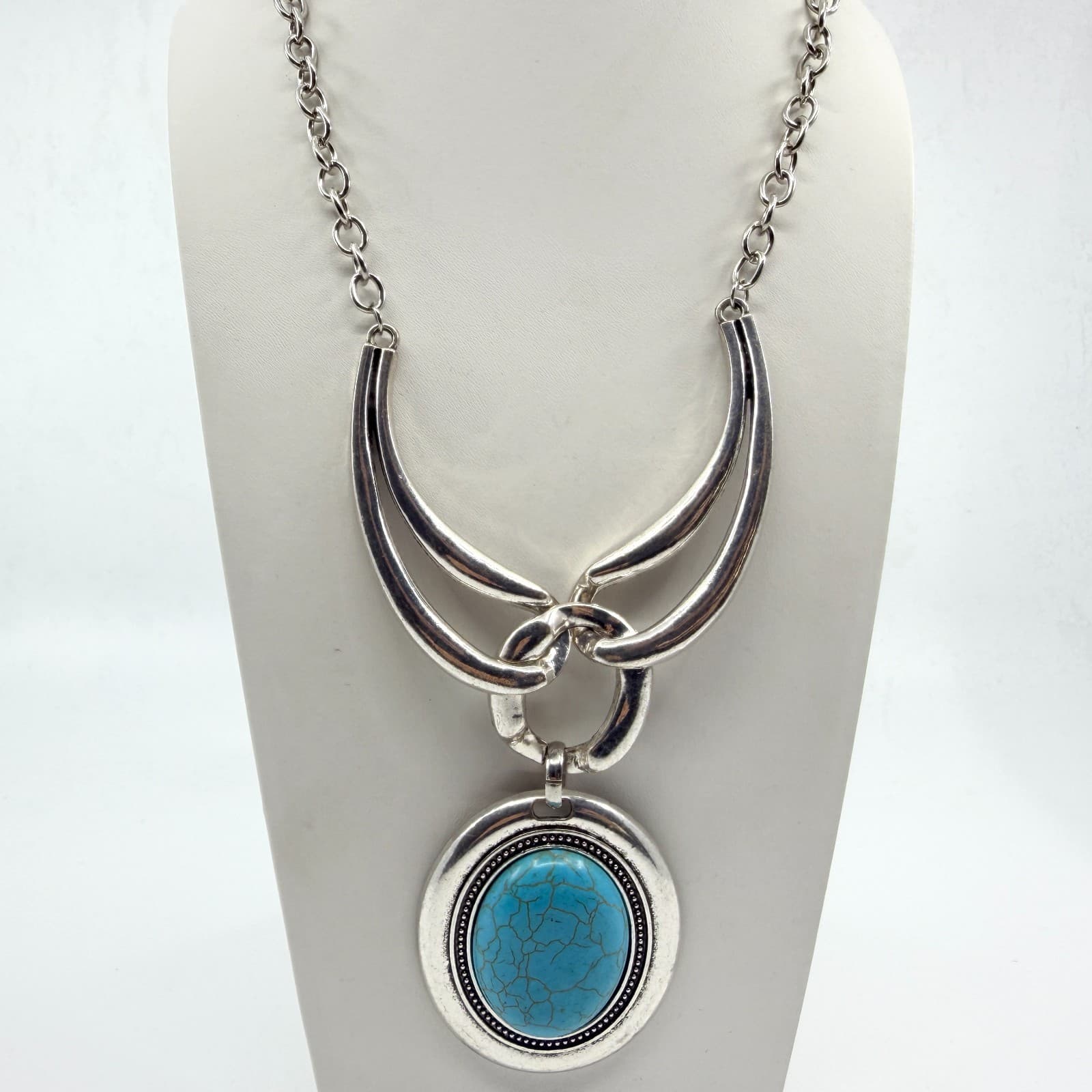 Vintage Faux Turquoise Large Oval Pendant Necklace Silver Tone Chunky Statement
