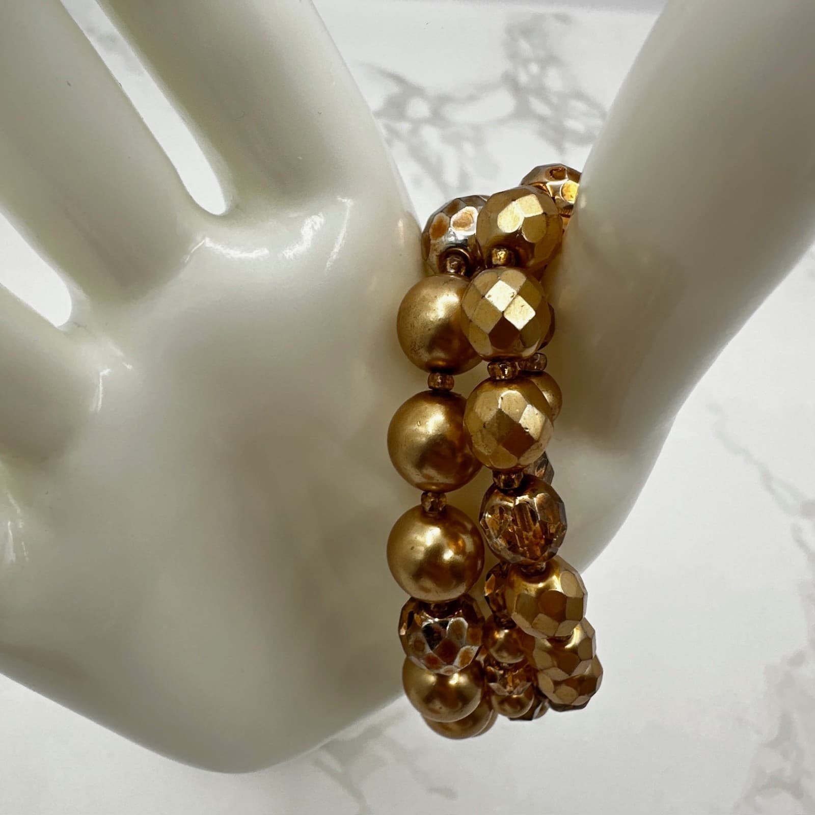 Vintage Gold-Tone Classic Stretch Triple-Strand Faceted Beads Torsade Bracelet - Thumbnail 6
