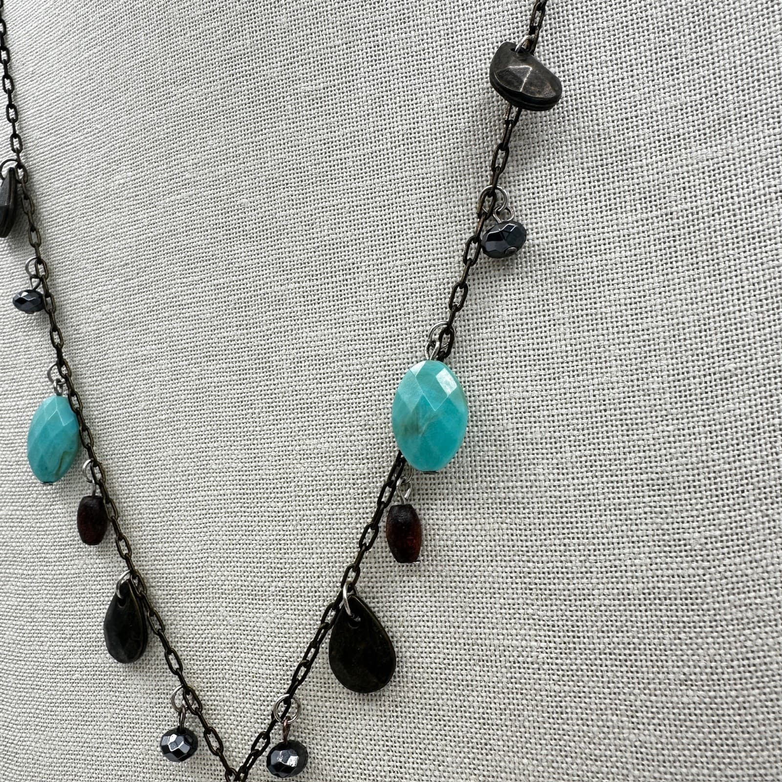Vintage Bronze-Tone Adjustable Oval Link Crystal Beaded Pendant Lobster Necklace - Thumbnail 5
